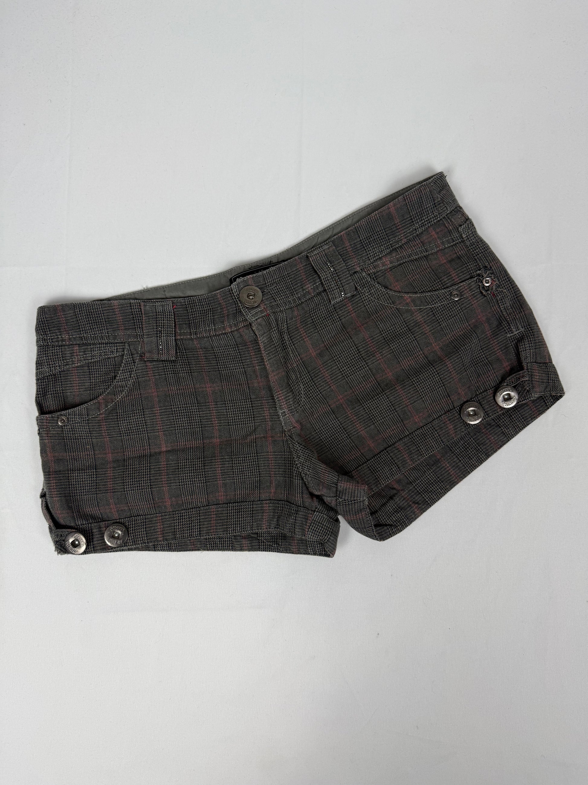 Brown check print low rise denim mini short (XL)