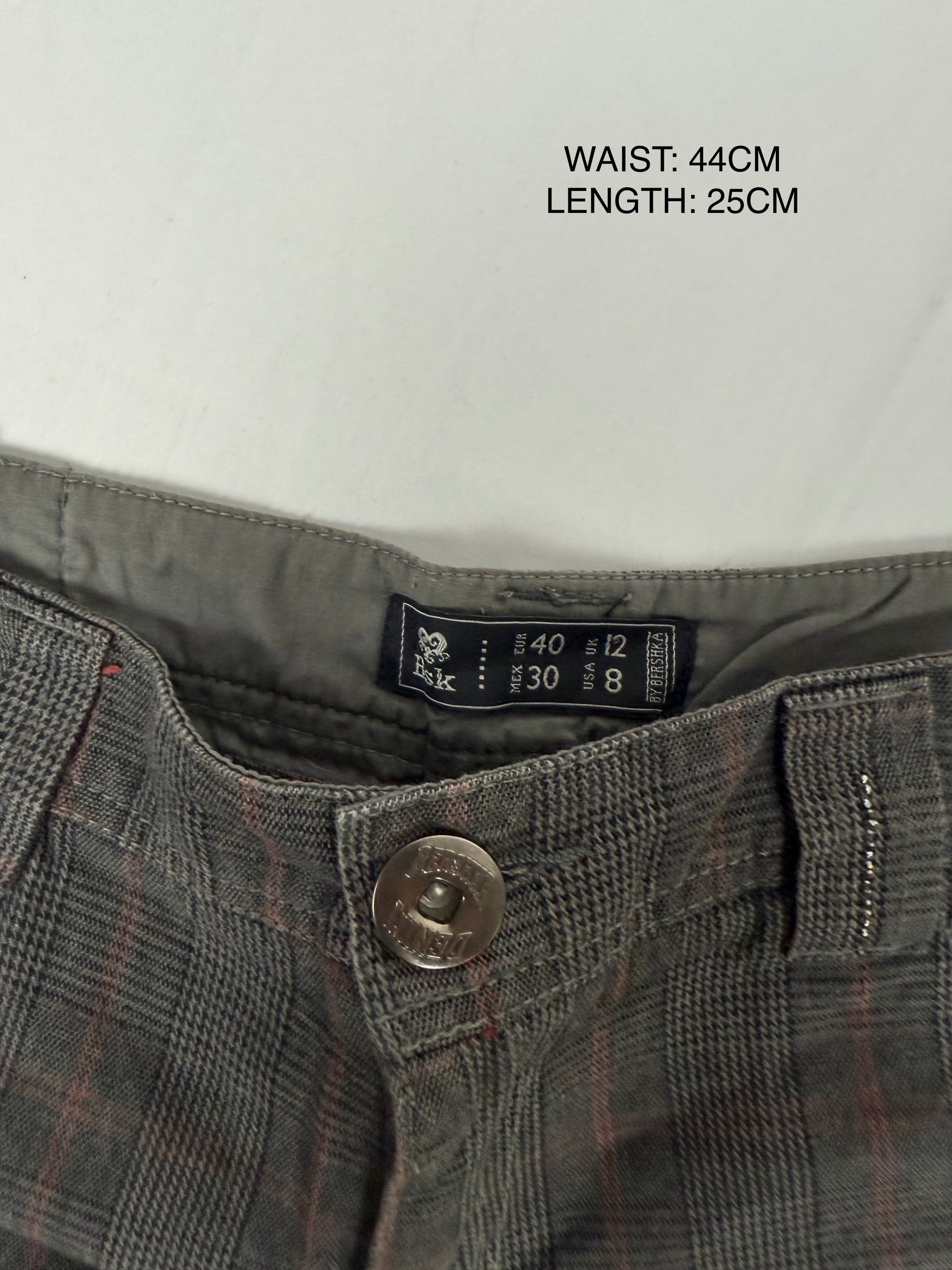 Brown check print low rise denim mini short (XL)