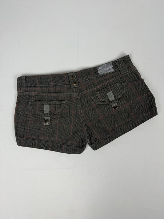 Brown check print low rise denim mini short (XL)