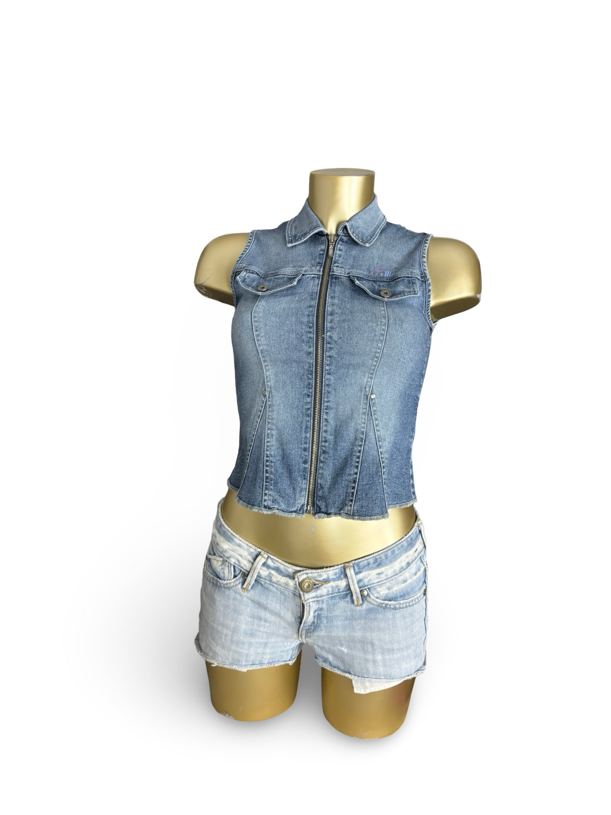 Blue denim zip up top (S)