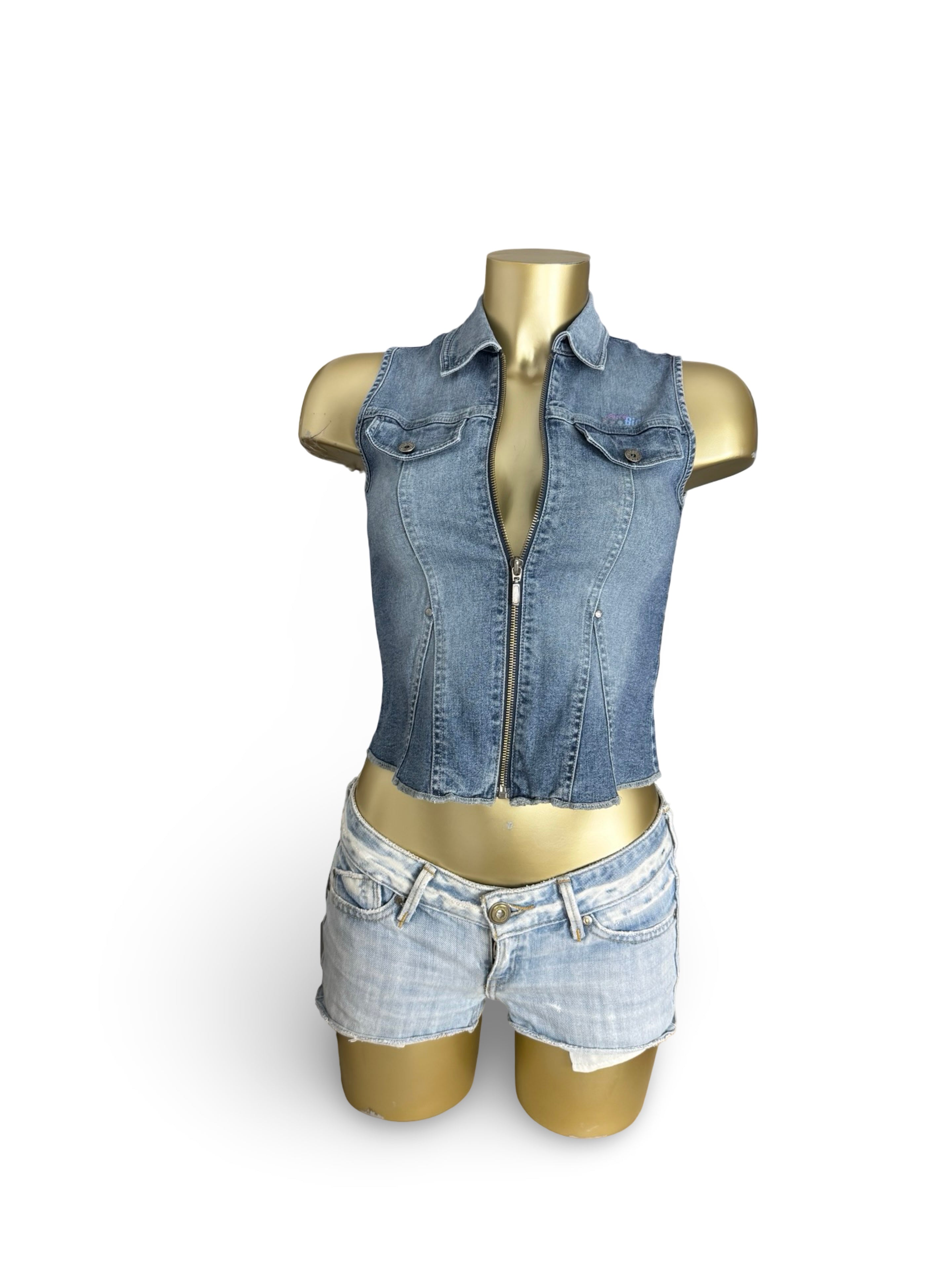 Blue denim zip up top (S)