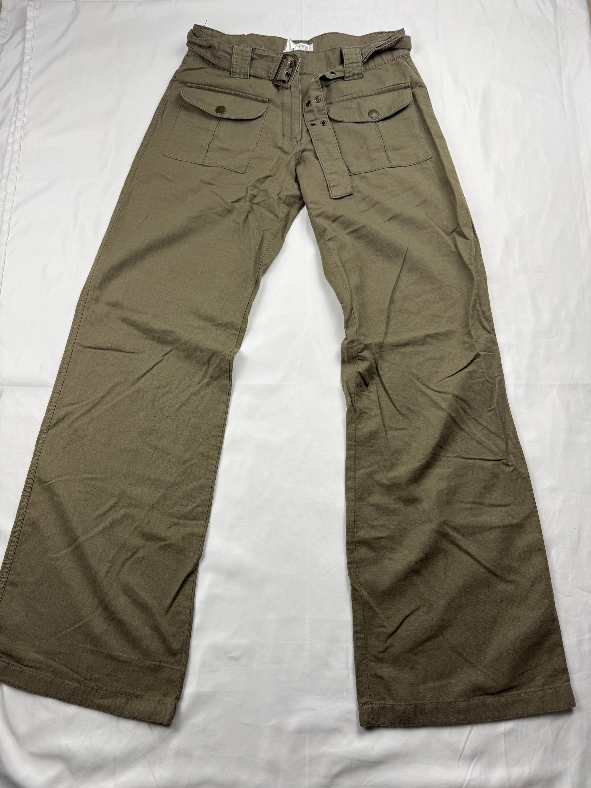 Khaki linen belt baggy pants (S)