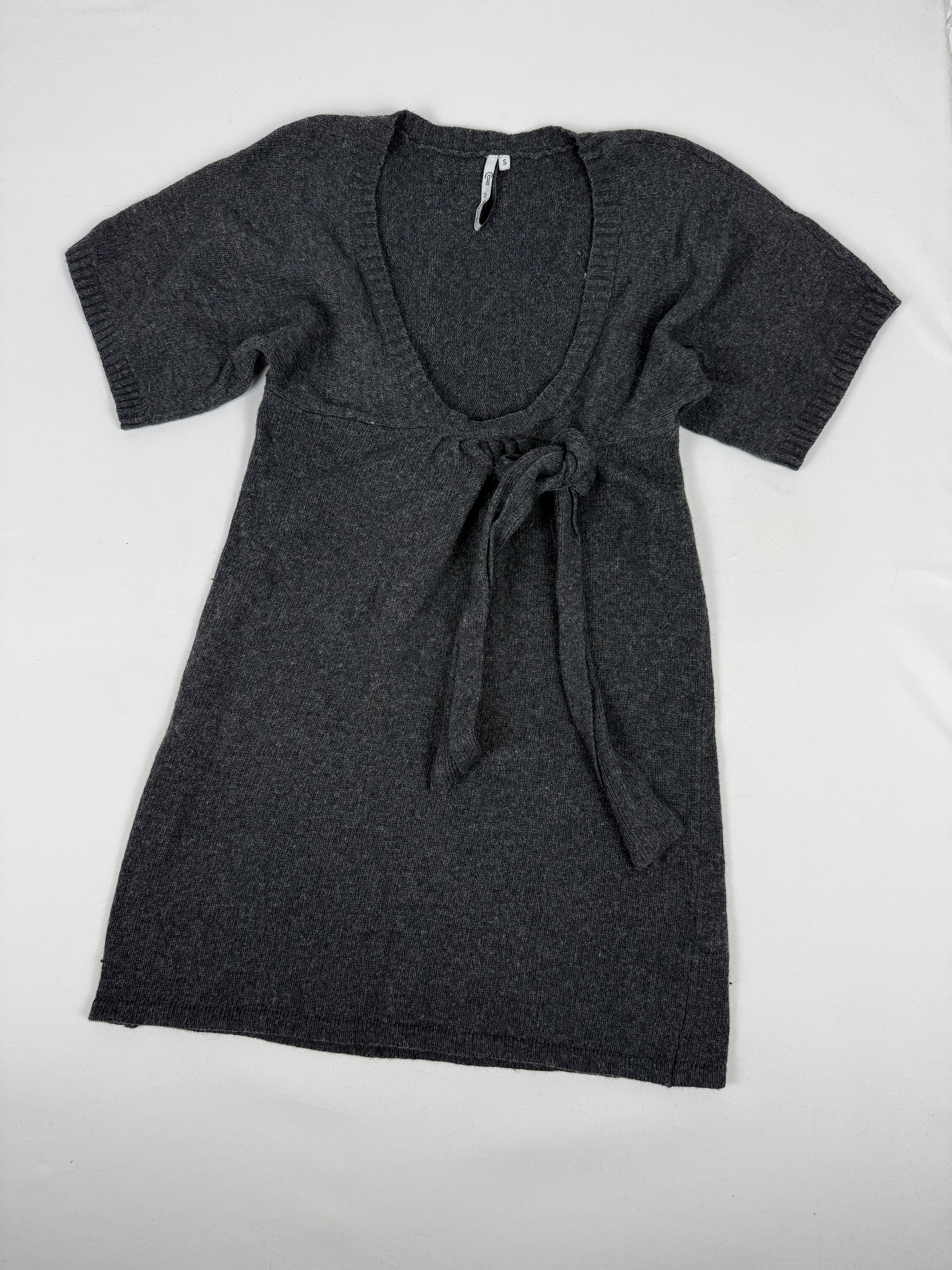 Grey short sleeves tie up knitted mini dress (S)
