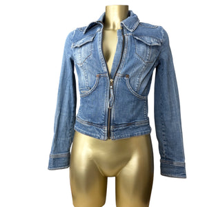 Blue denim zip up tight fit biker jacket (S)