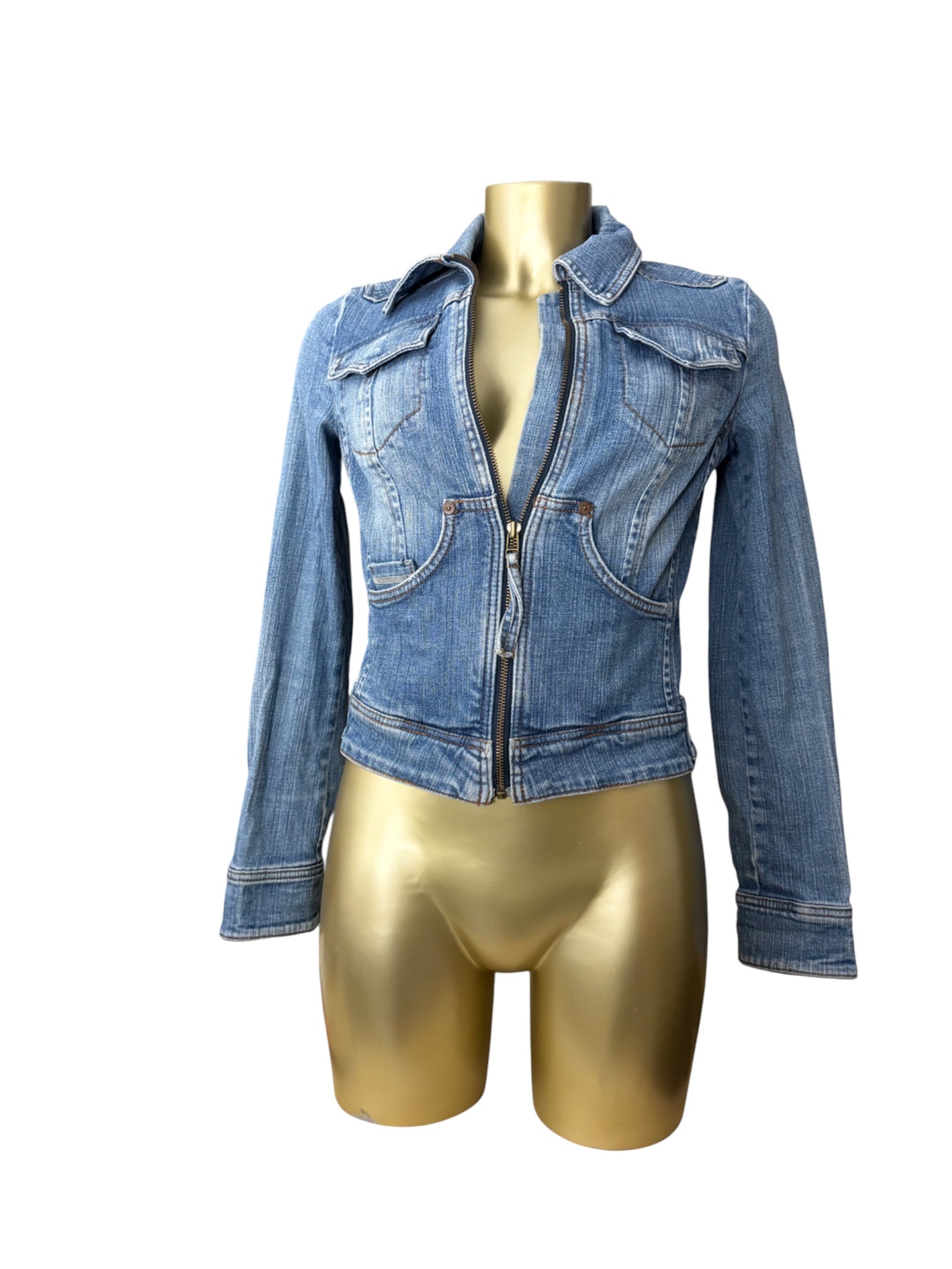 Blue denim zip up tight fit biker jacket (S)