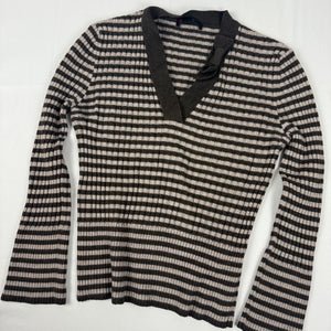 Brown V neck striped wool jumper (XL)