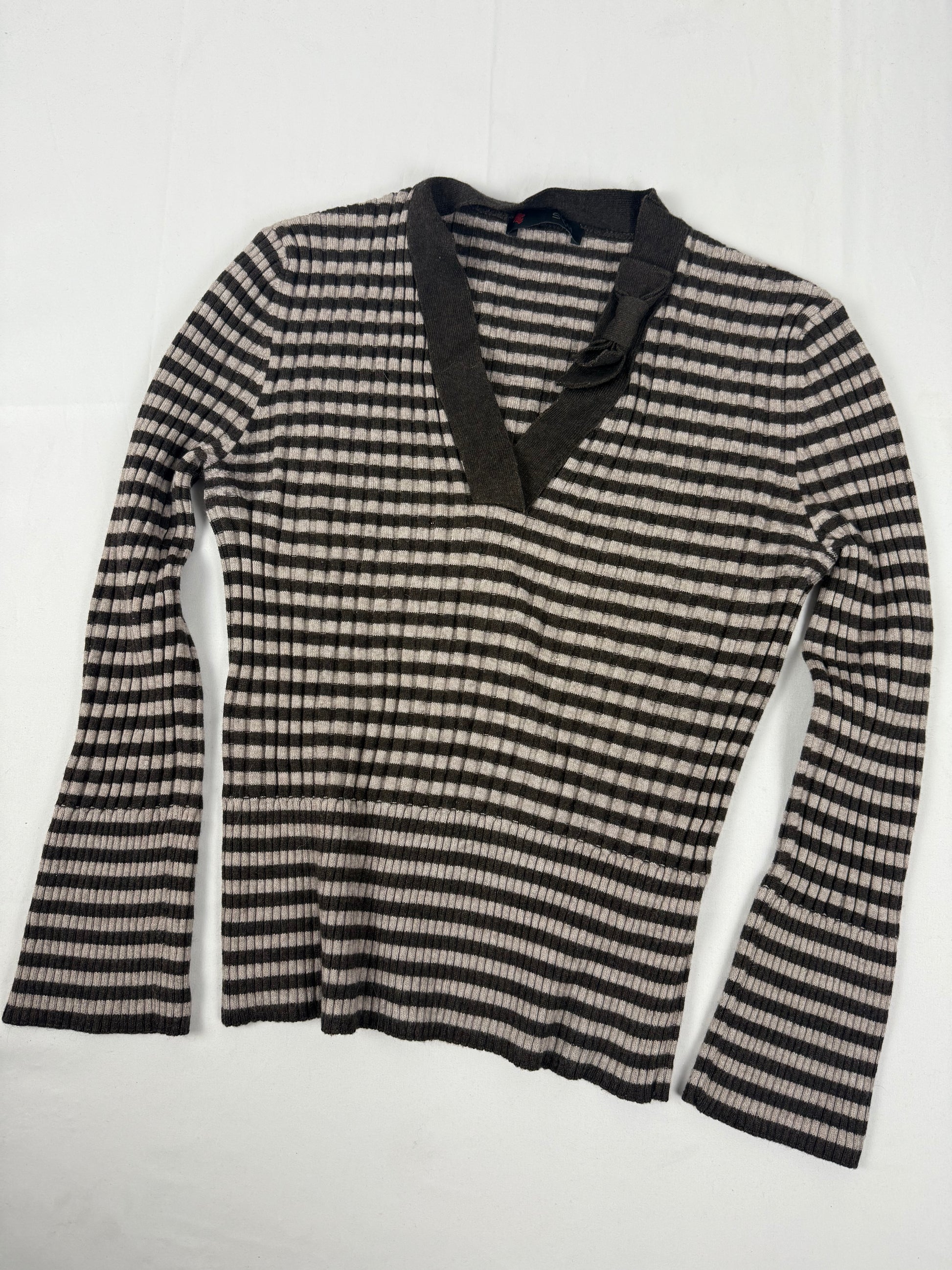Brown V neck striped wool jumper (XL)