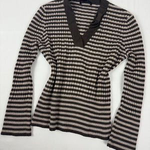 Brown V neck striped wool jumper (XL)