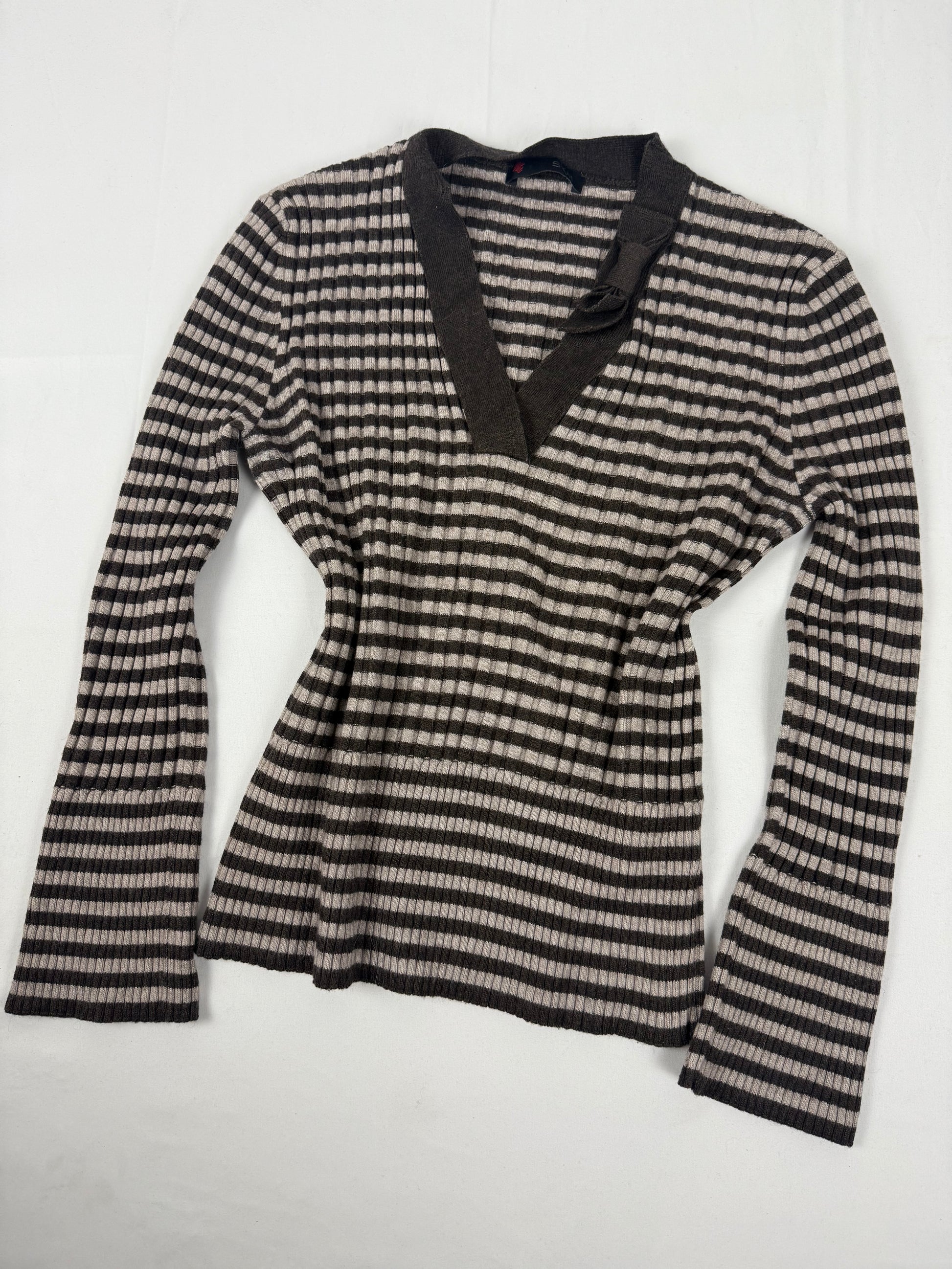 Brown V neck striped wool jumper (XL)