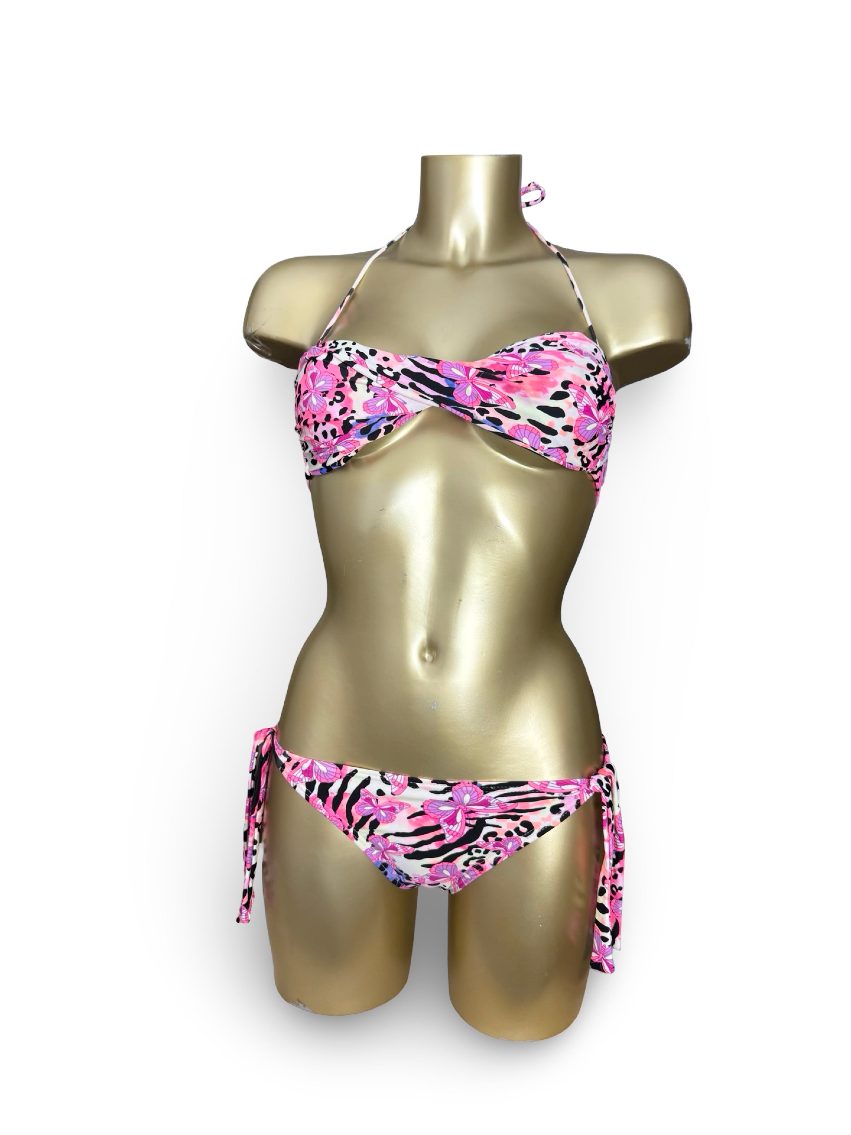 Pink butterflies graphic low rise bikini set (S)
