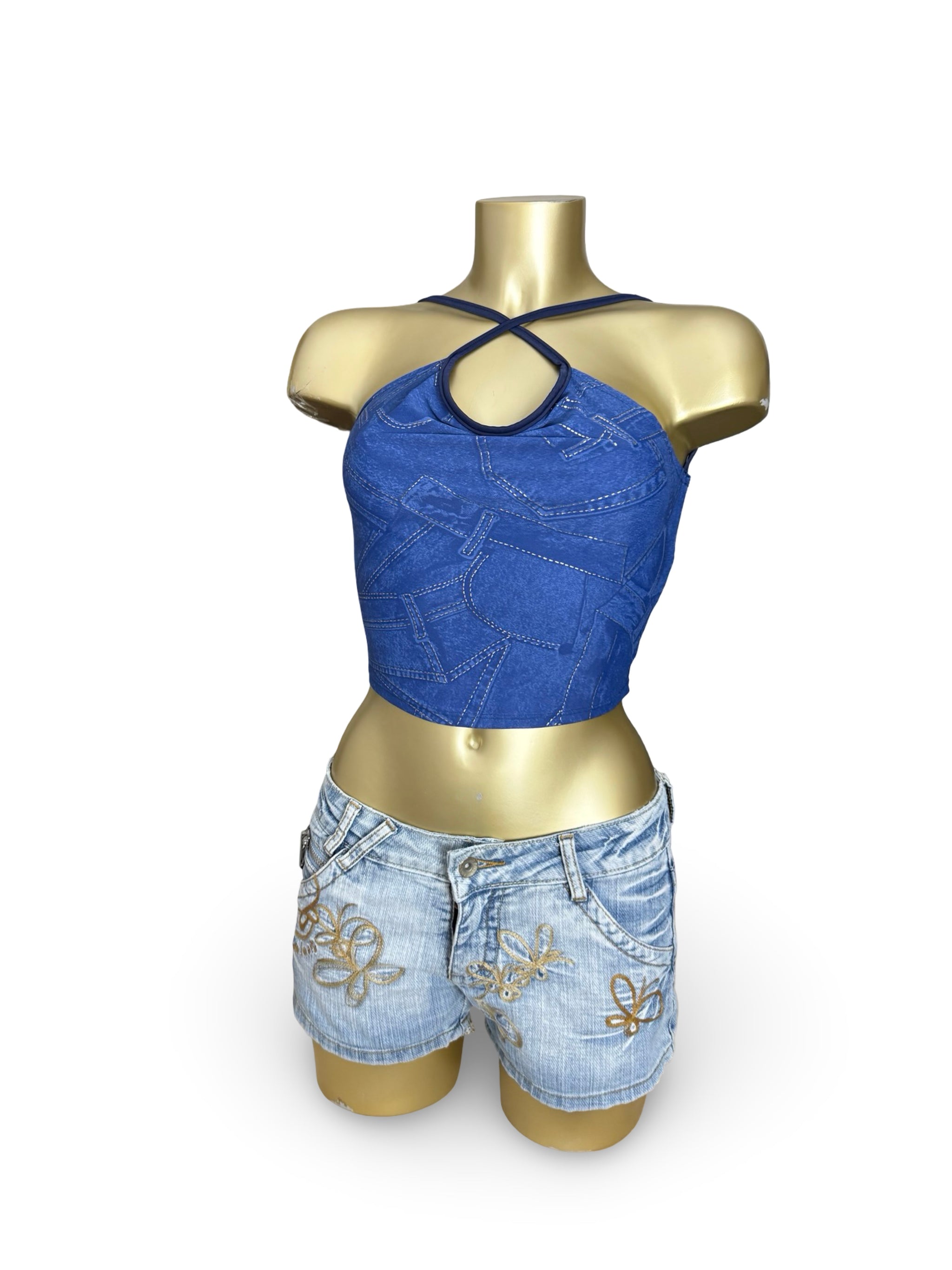 Blue denim graphic print lycra backless top (S/M)