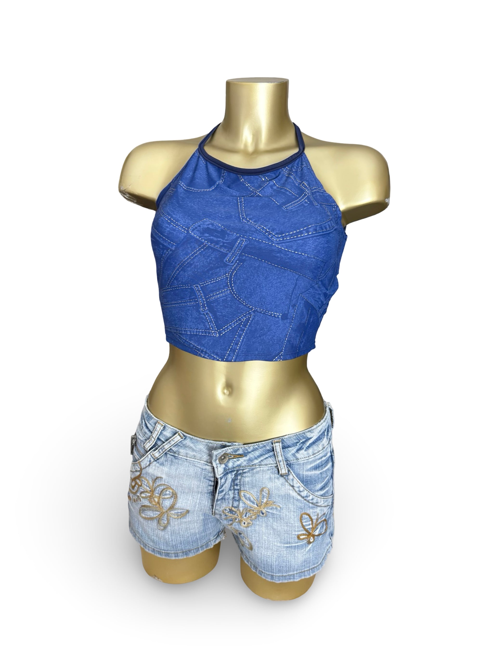 Blue denim graphic print lycra backless top (S/M)