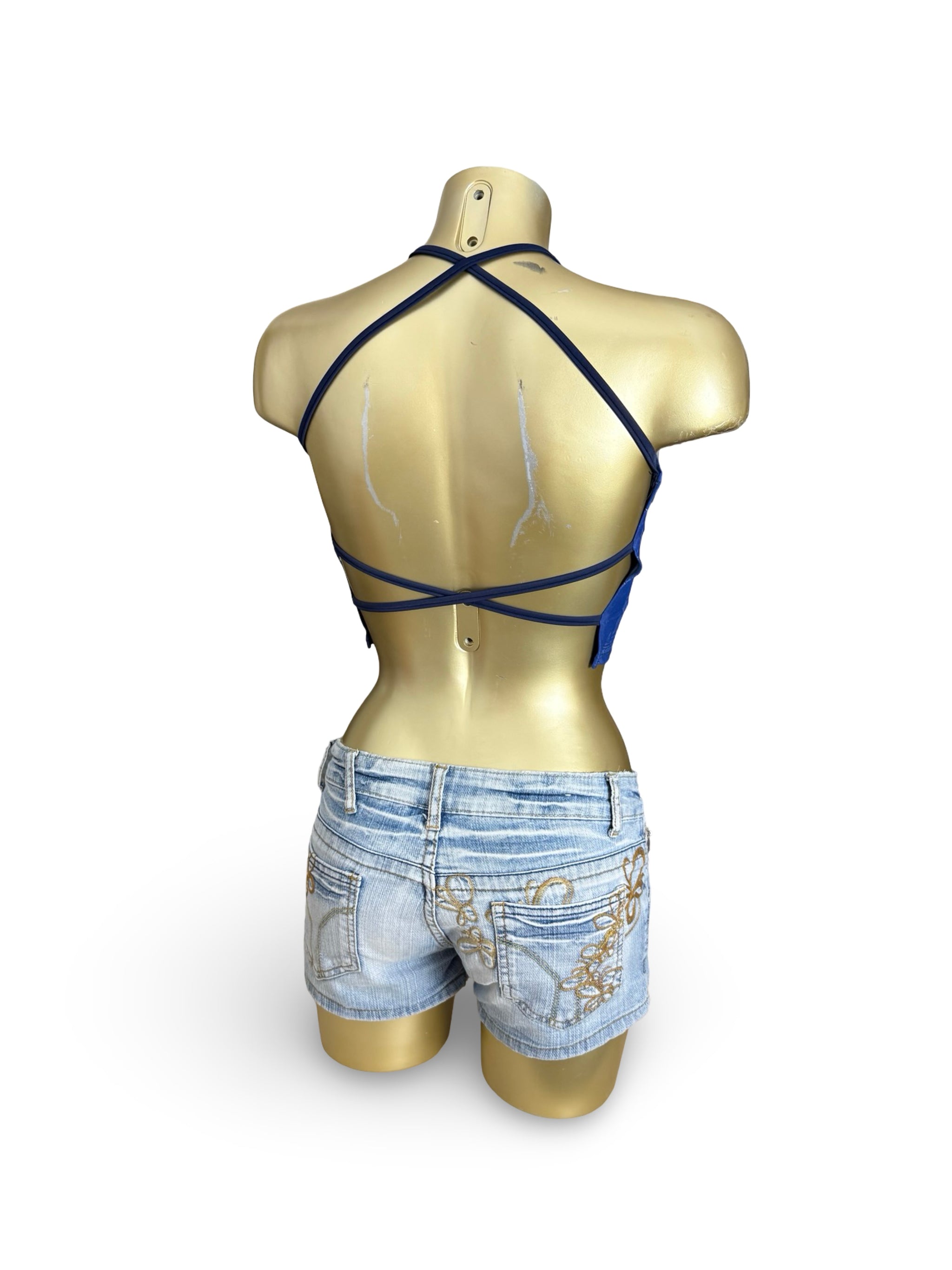 Blue denim graphic print lycra backless top (S/M)