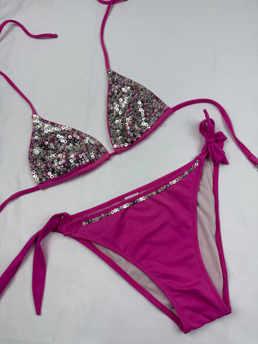 Pink sequins low waisted bikini set (S)