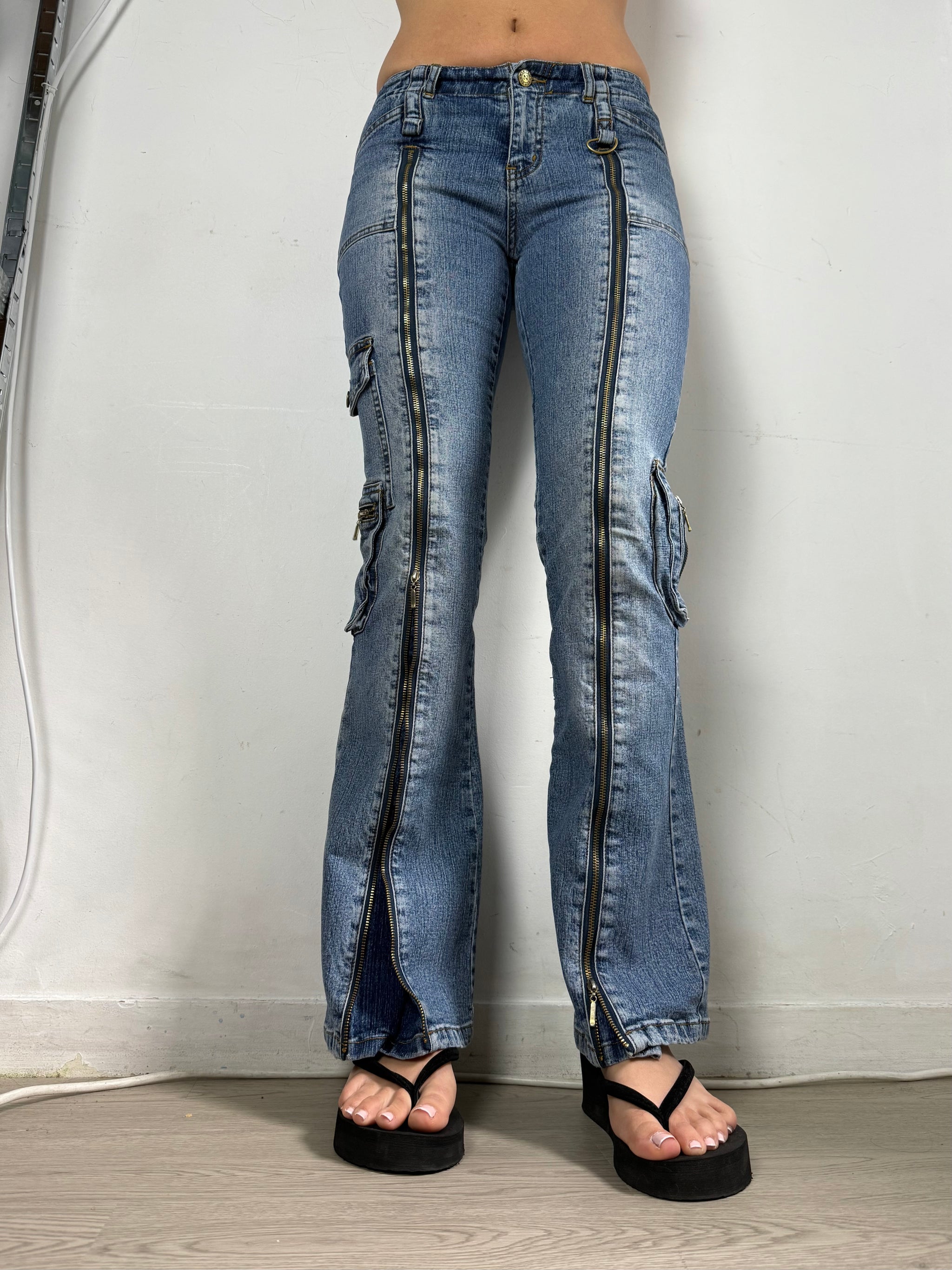 Blue denim low waist zip up flare pants (XS/S)