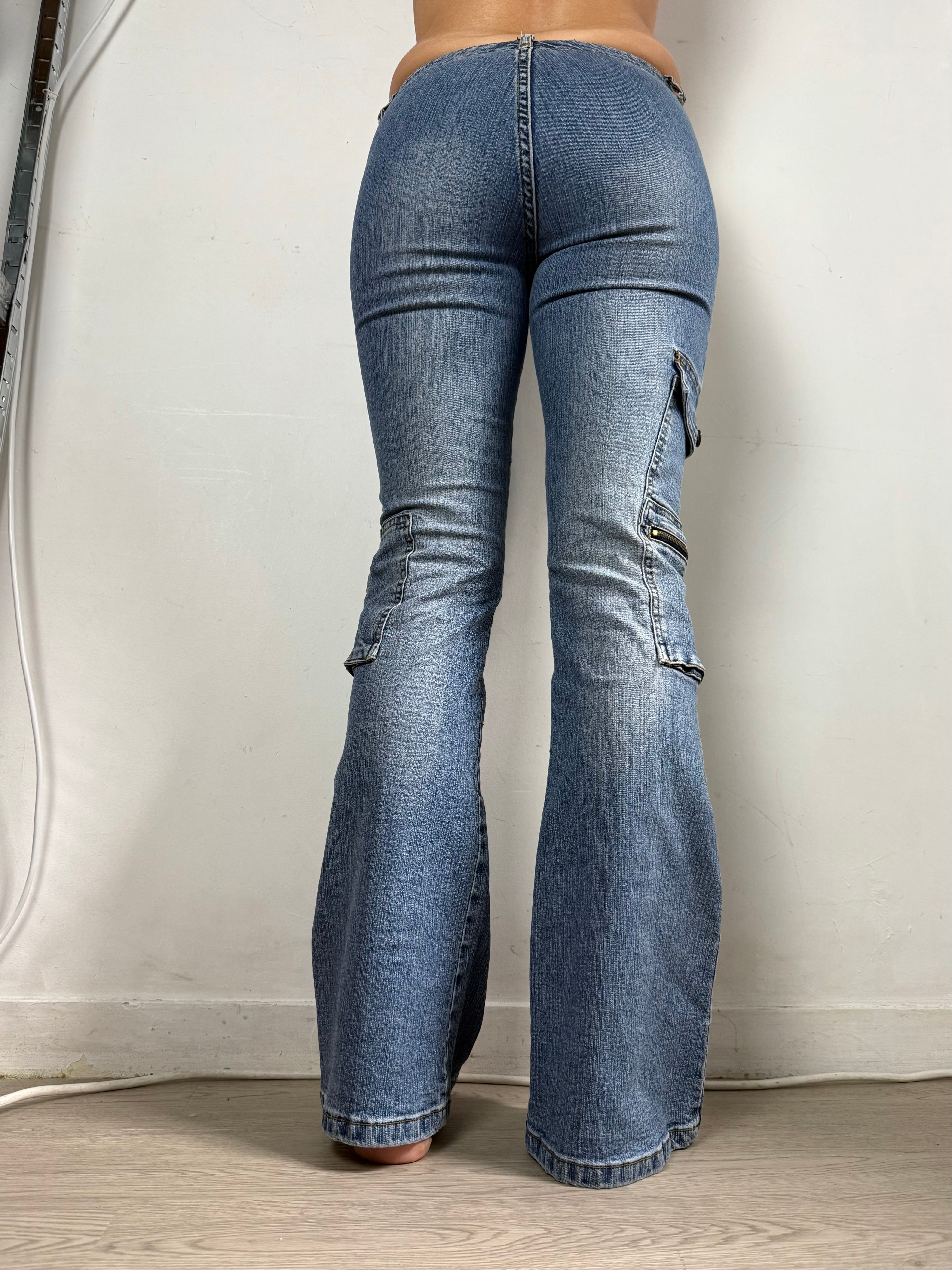 Blue denim low waist zip up flare pants (XS/S)