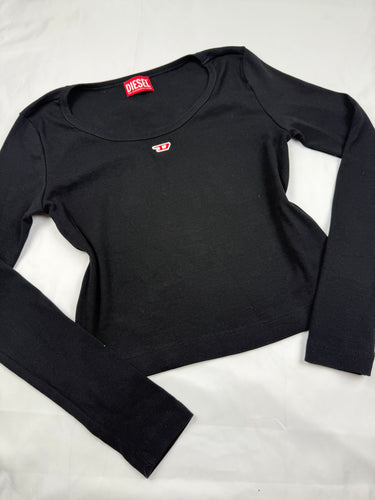 Black cotton ribbed logo long sleeves top (S)
