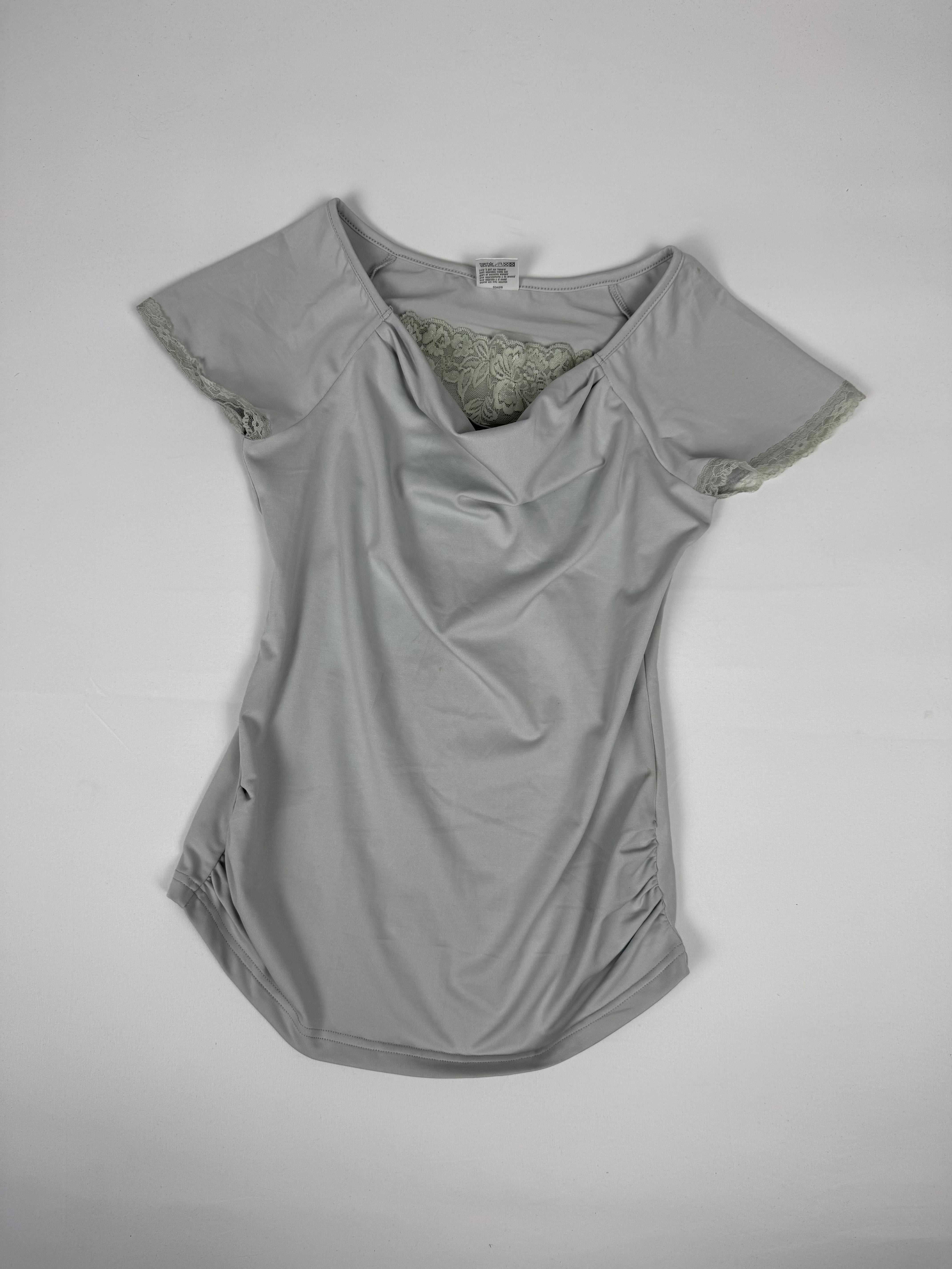 Grey lace lycra ruched tee (M)