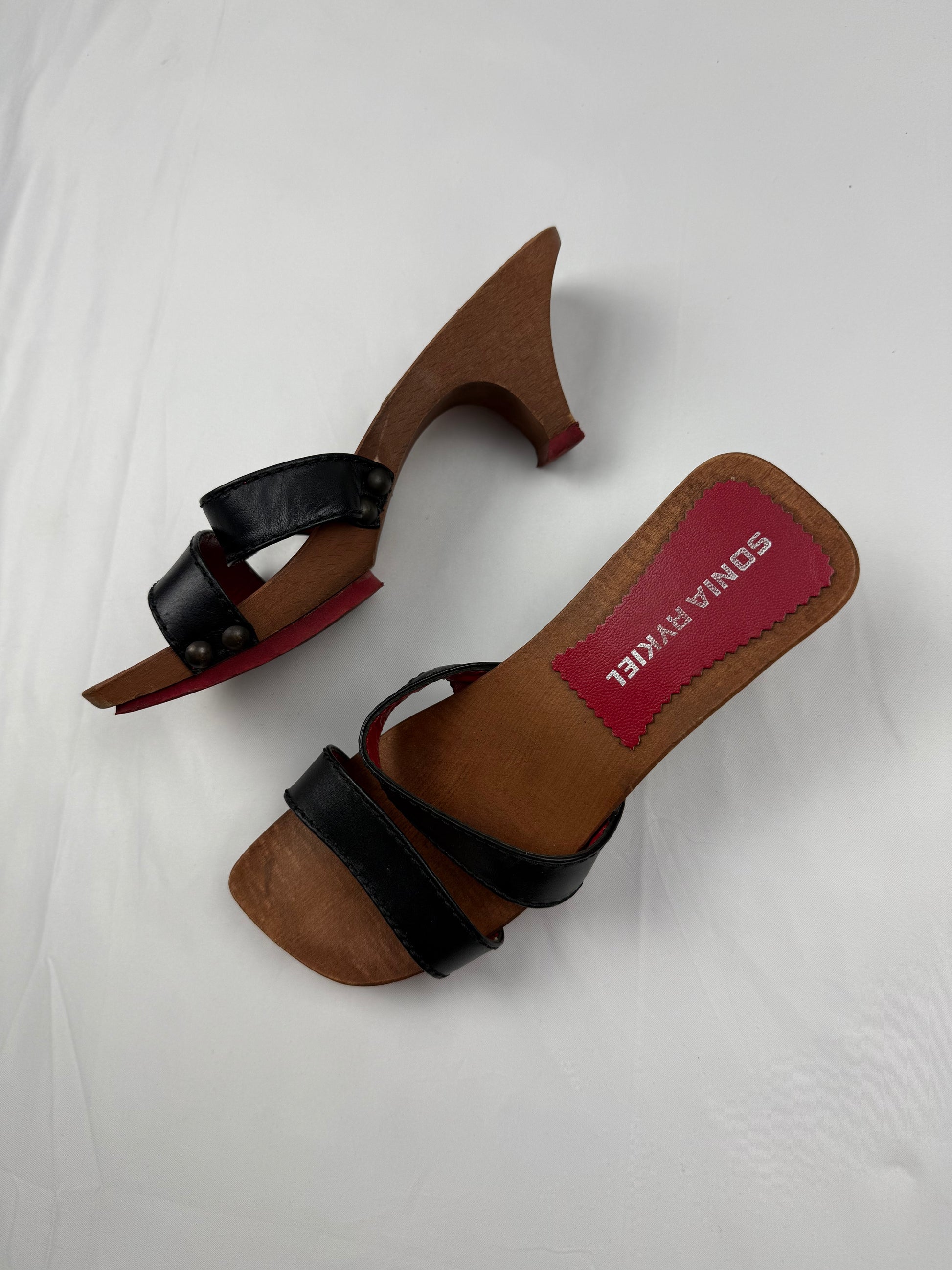 Black real leather wood heels (36)