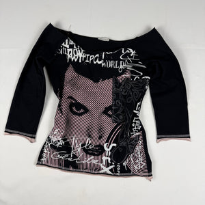 Black graphic tight fit 3/4 sleeves top (S/M)