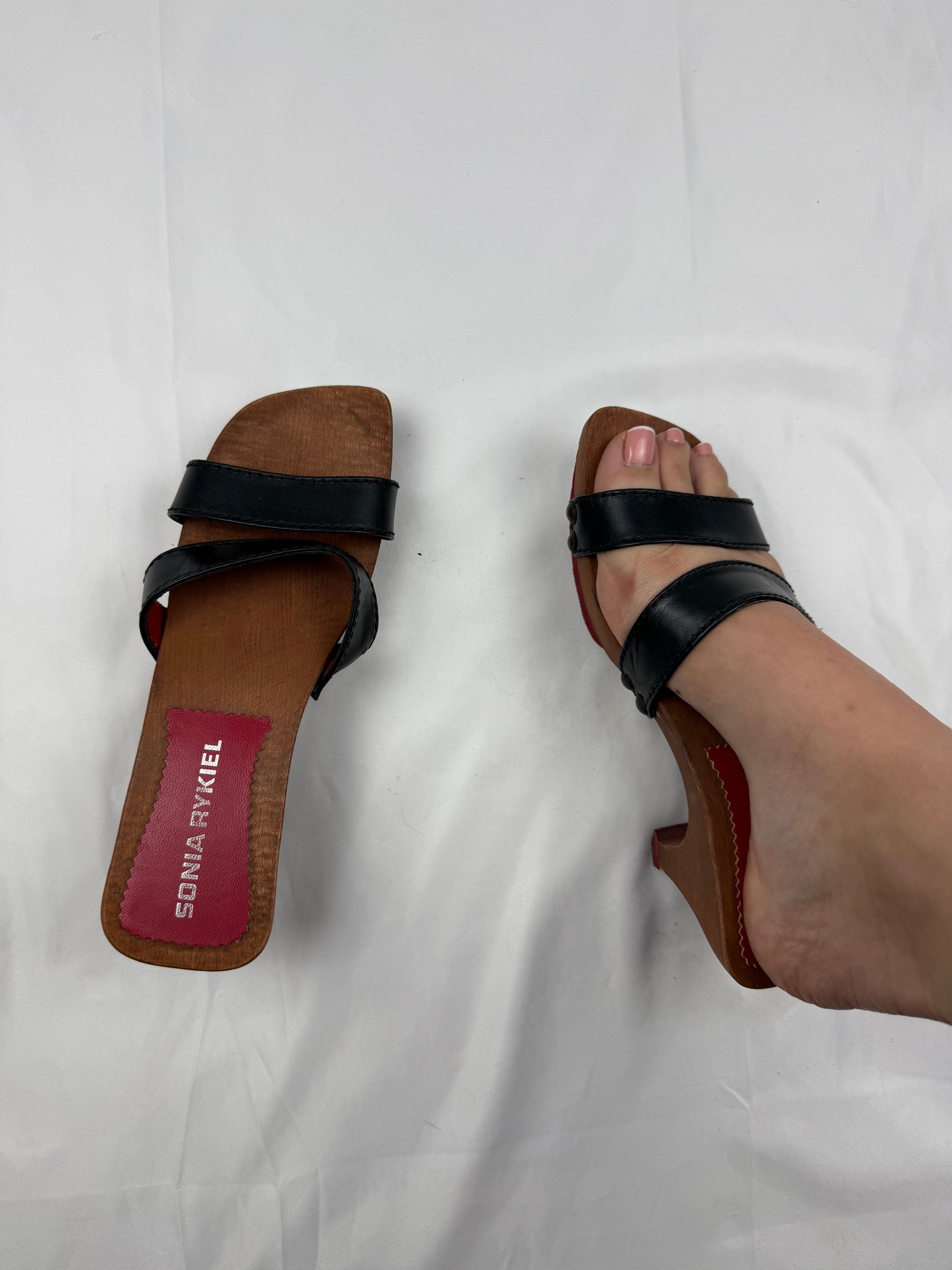 Black real leather wood heels (36)