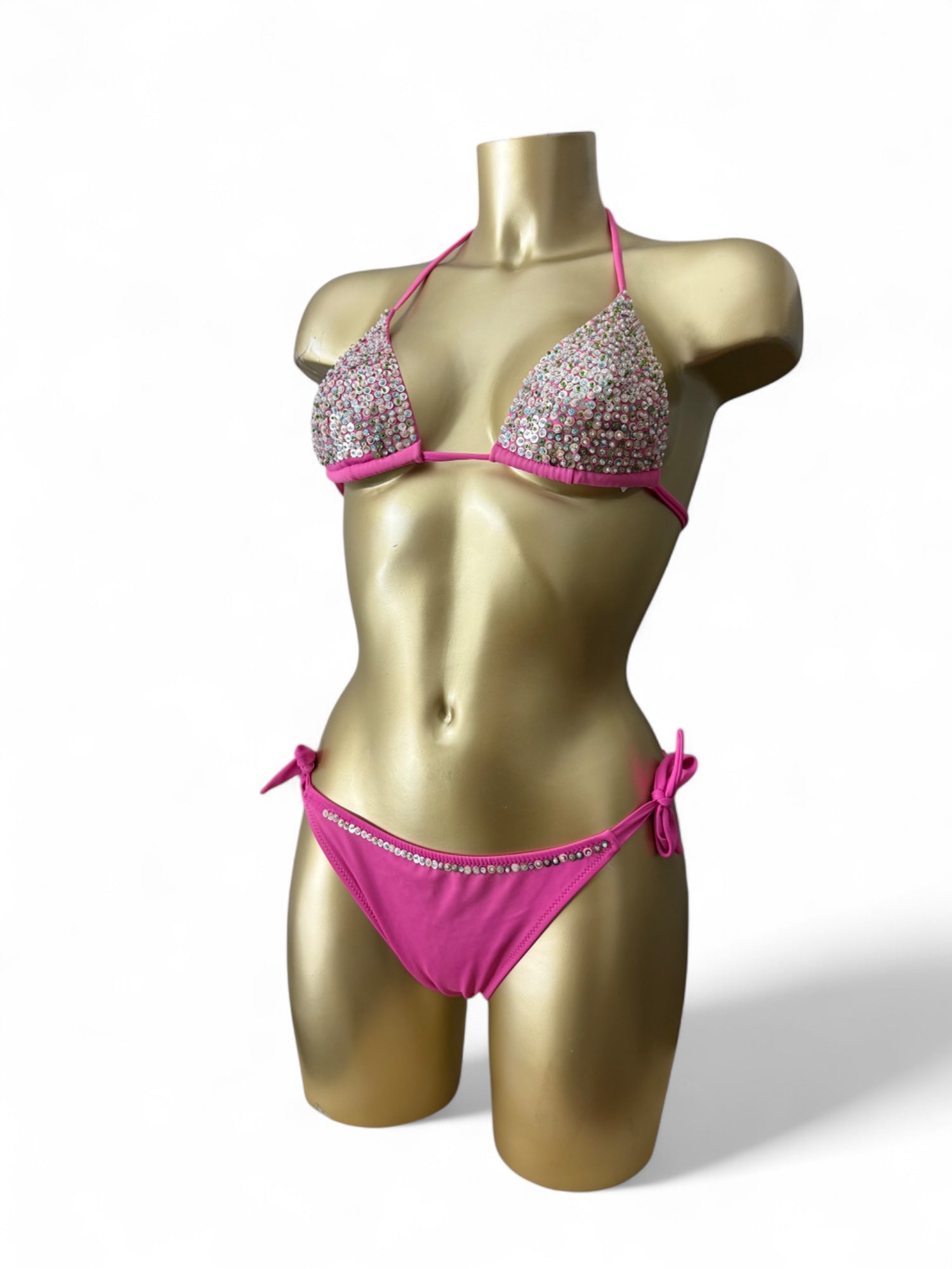 Pink sequins low waisted bikini set (S)