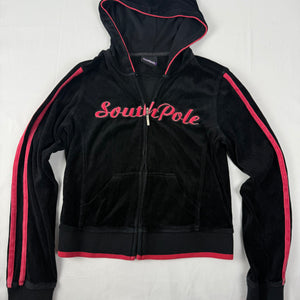 Black velvet zip up logo hoodie (S/M)
