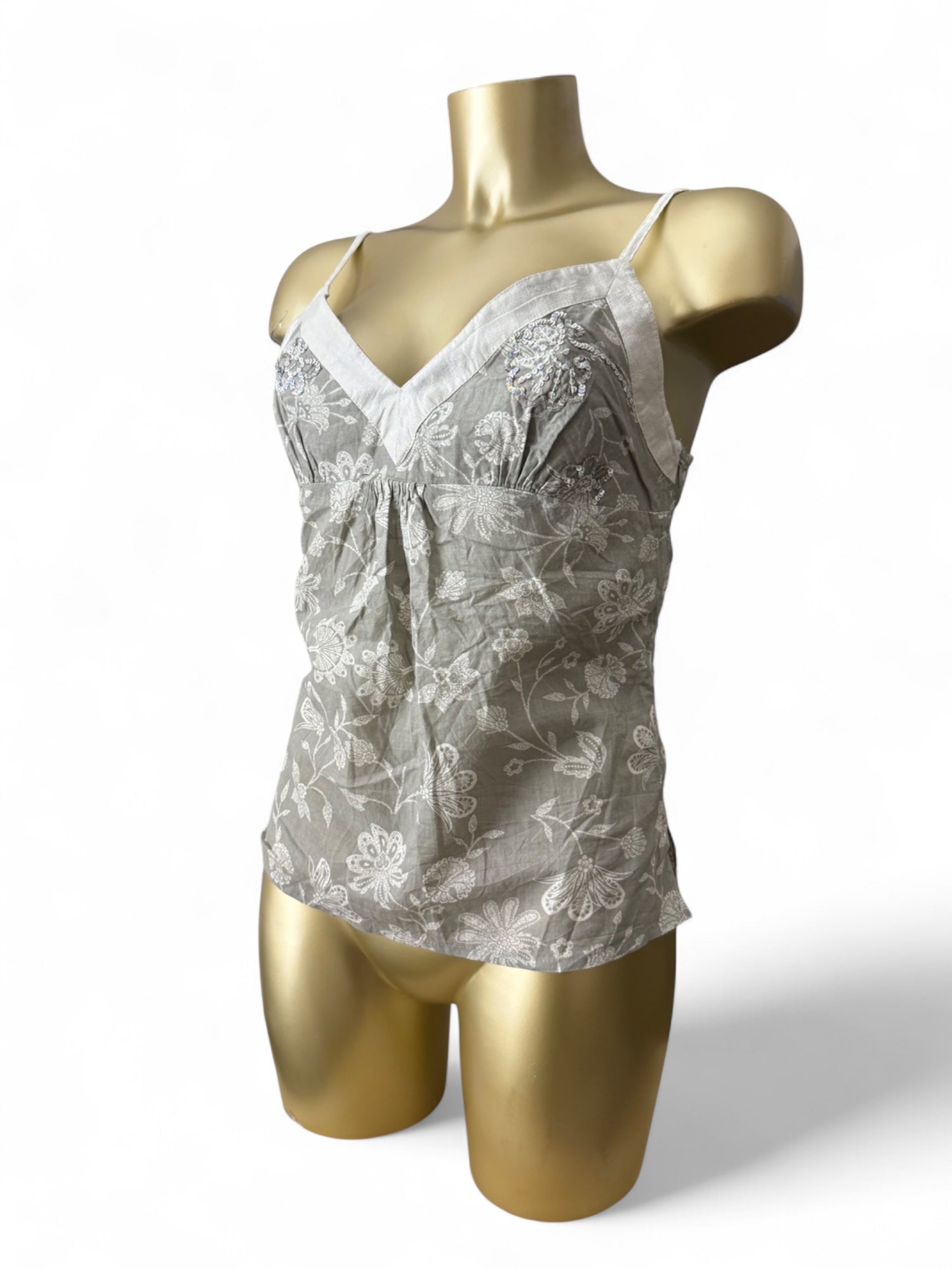 Grey floral cotton cami top (M)