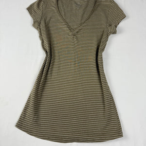 Khaki striped V neck cotton tight fit tee (M)