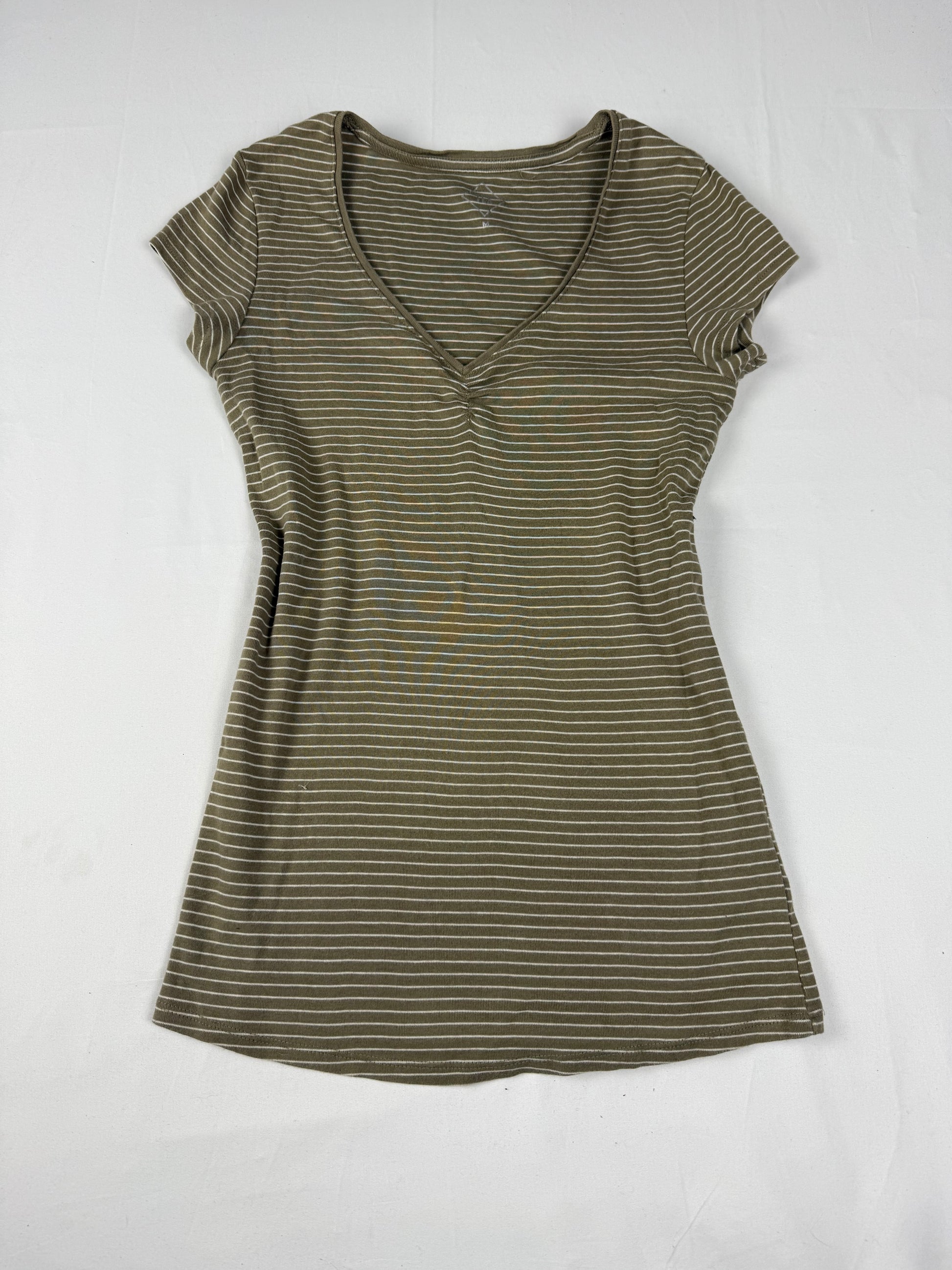 Khaki striped V neck cotton tight fit tee (M)