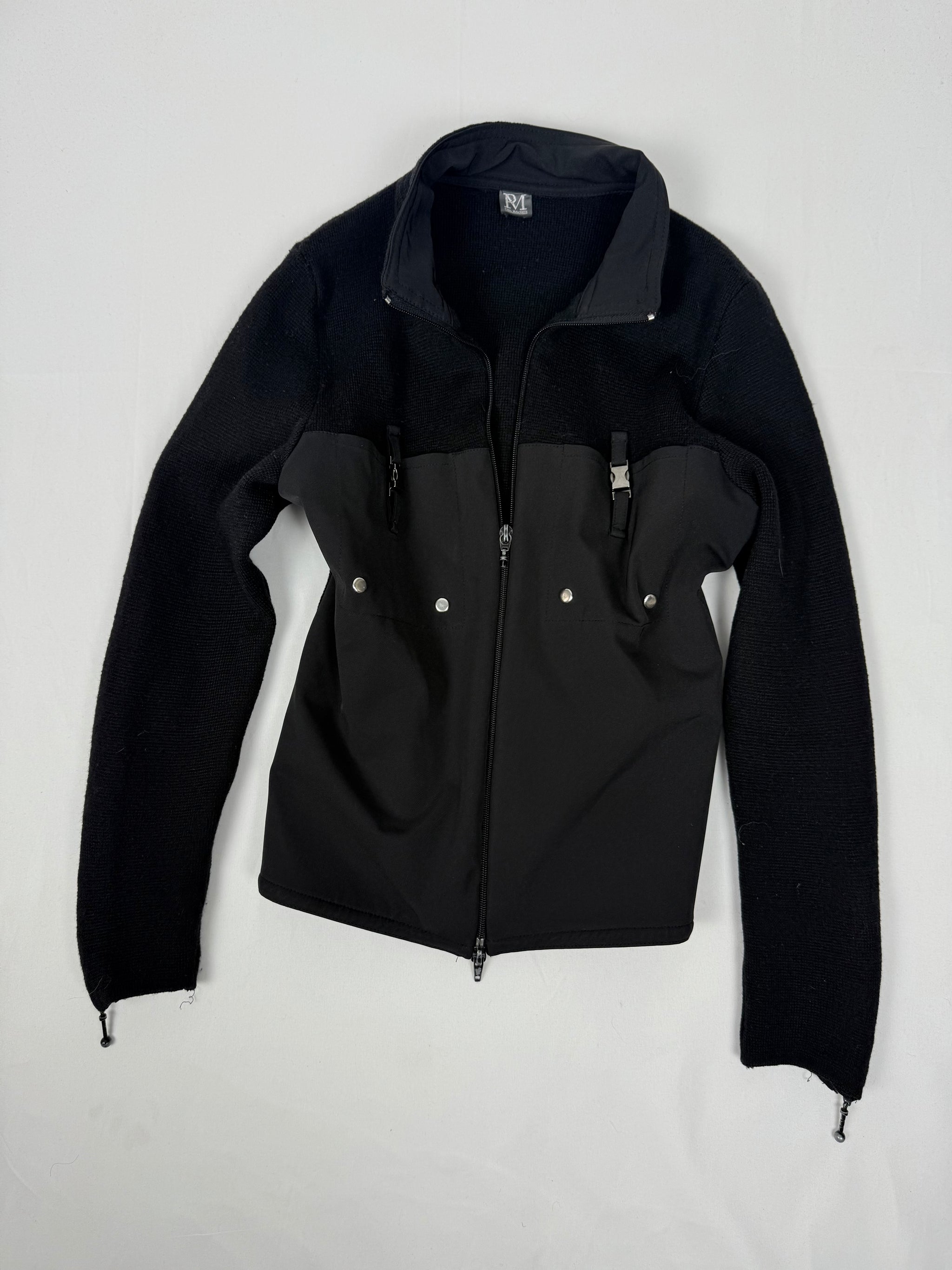 Black zip up bi fabric wool knitted biker jacket (S)