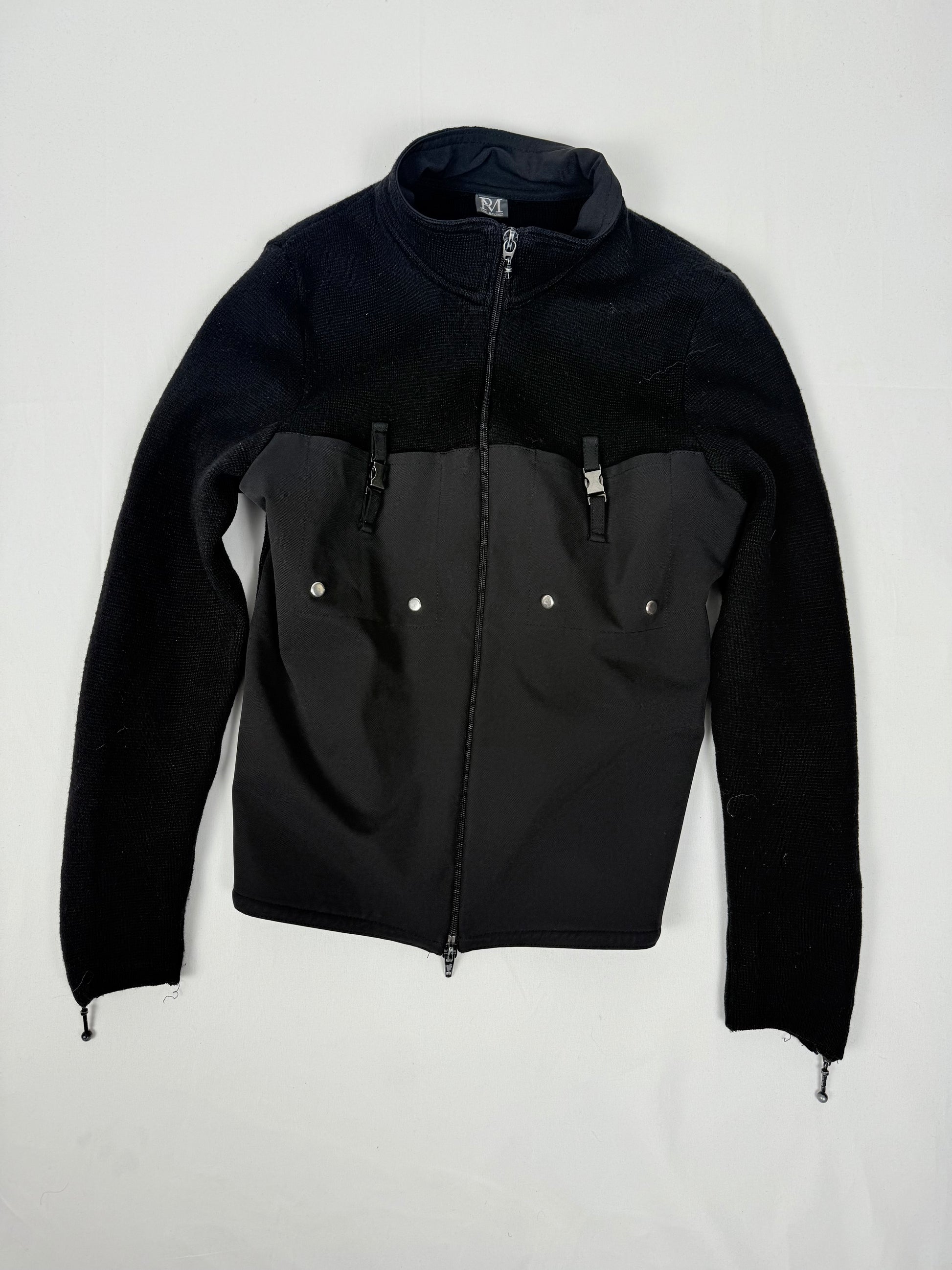 Black zip up bi fabric wool knitted biker jacket (S)