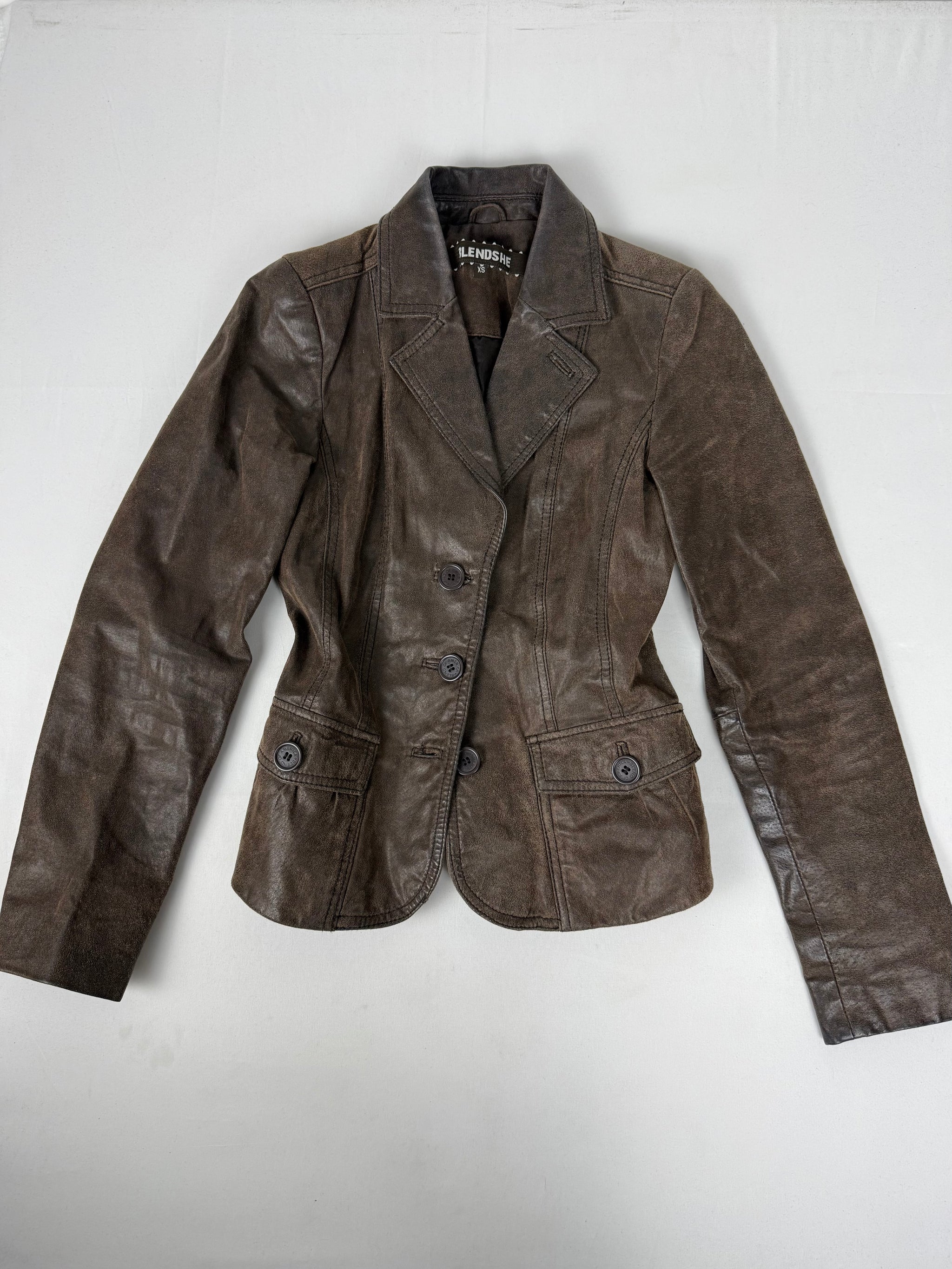 Brown real leather tight fit jacket (XS)