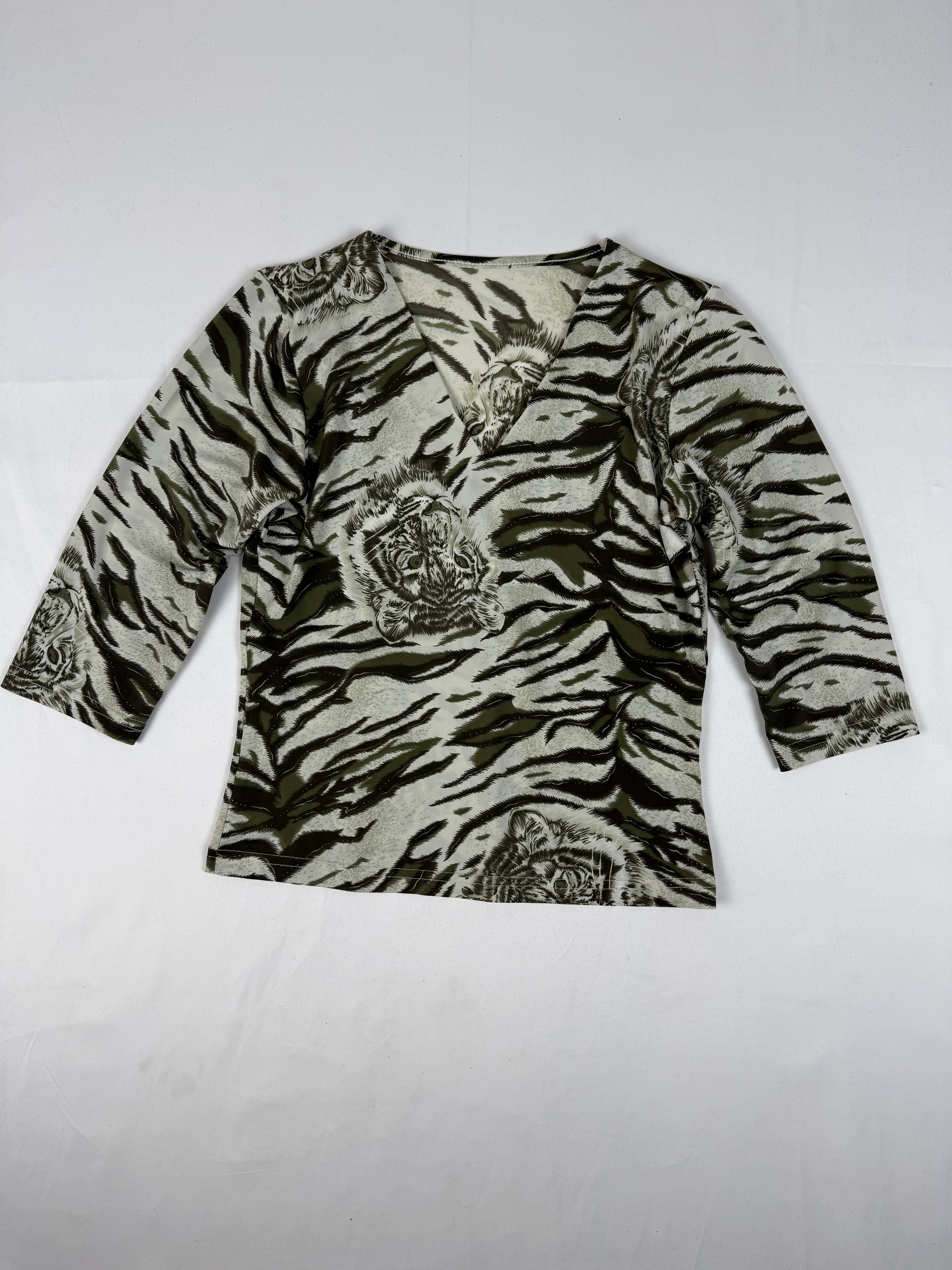 Khaki animal print lycra 3/4 sleeves top (S/M)