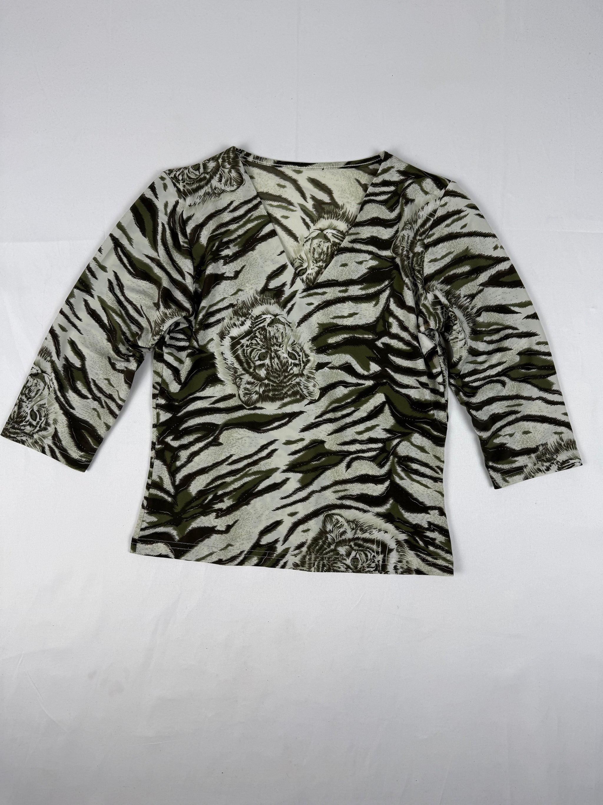 Khaki animal print lycra 3/4 sleeves top (S/M)