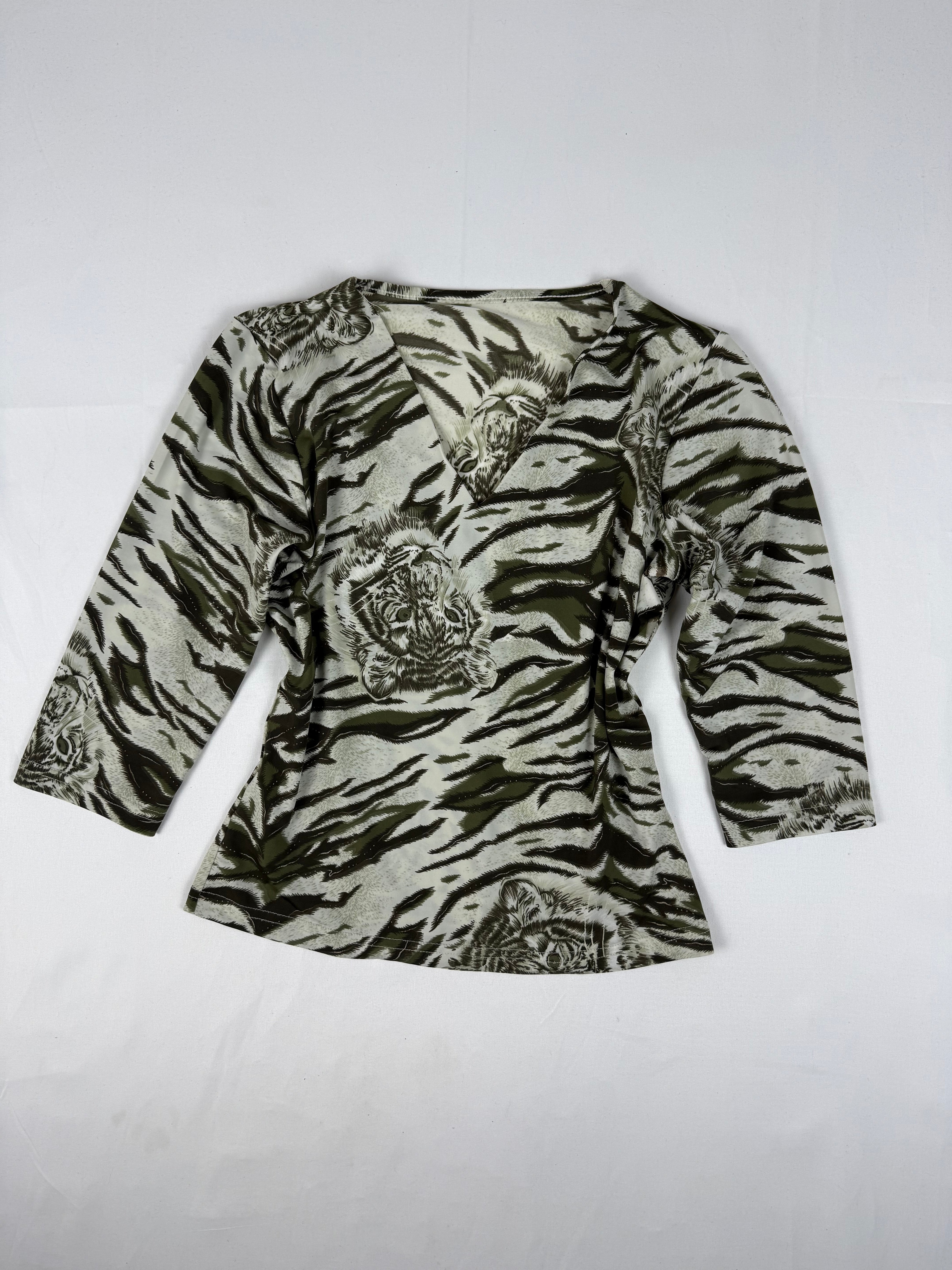 Khaki animal print lycra 3/4 sleeves top (S/M)