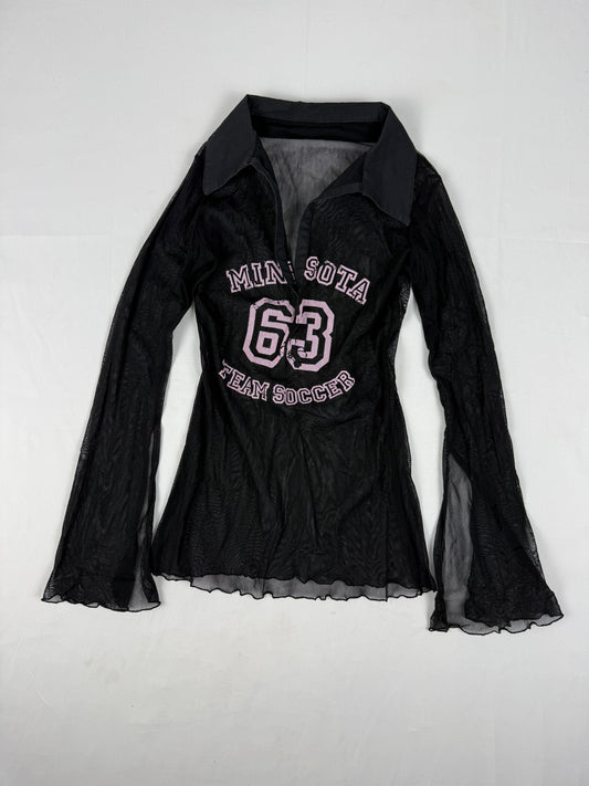 Black mesh flared long sleeves top (S)