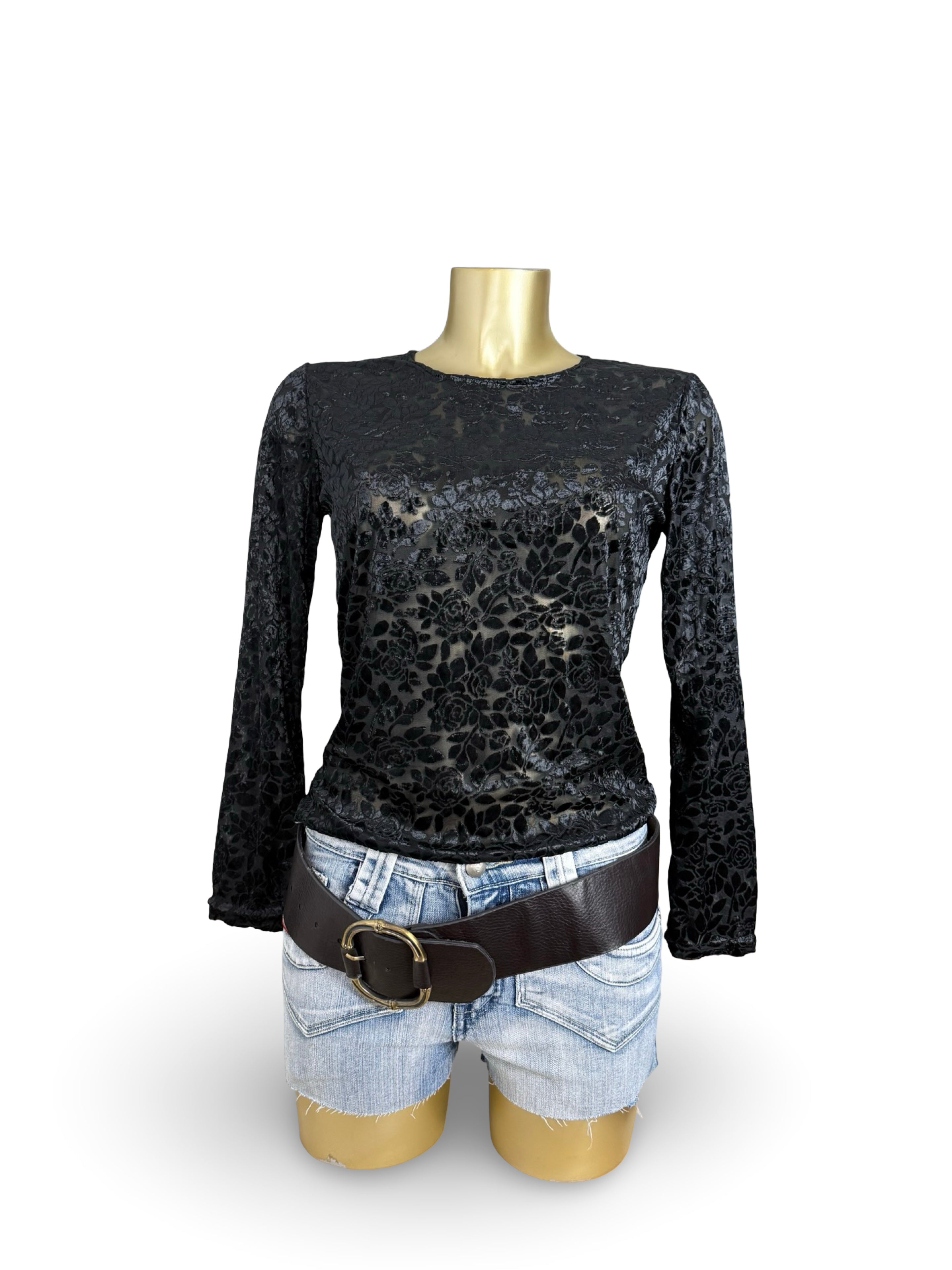 Black velvet mesh floral long sleeves top (L)