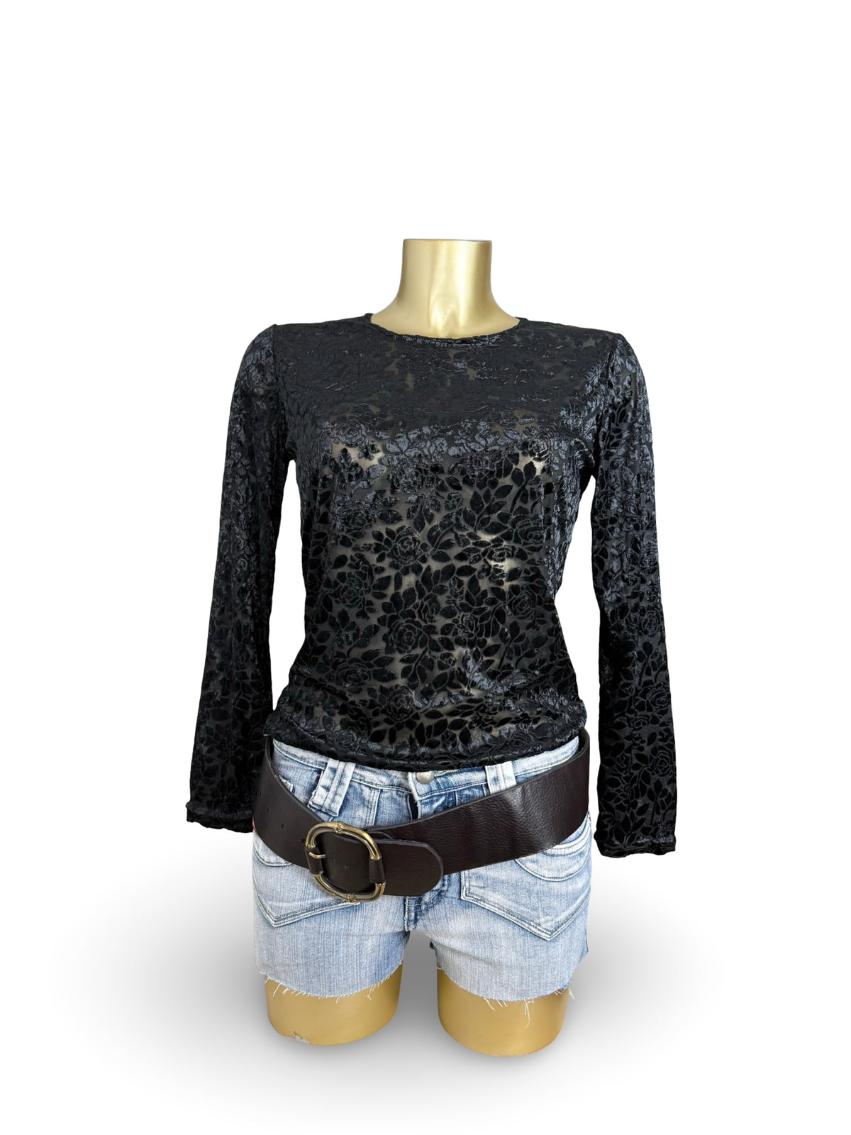 Black velvet mesh floral long sleeves top (L)