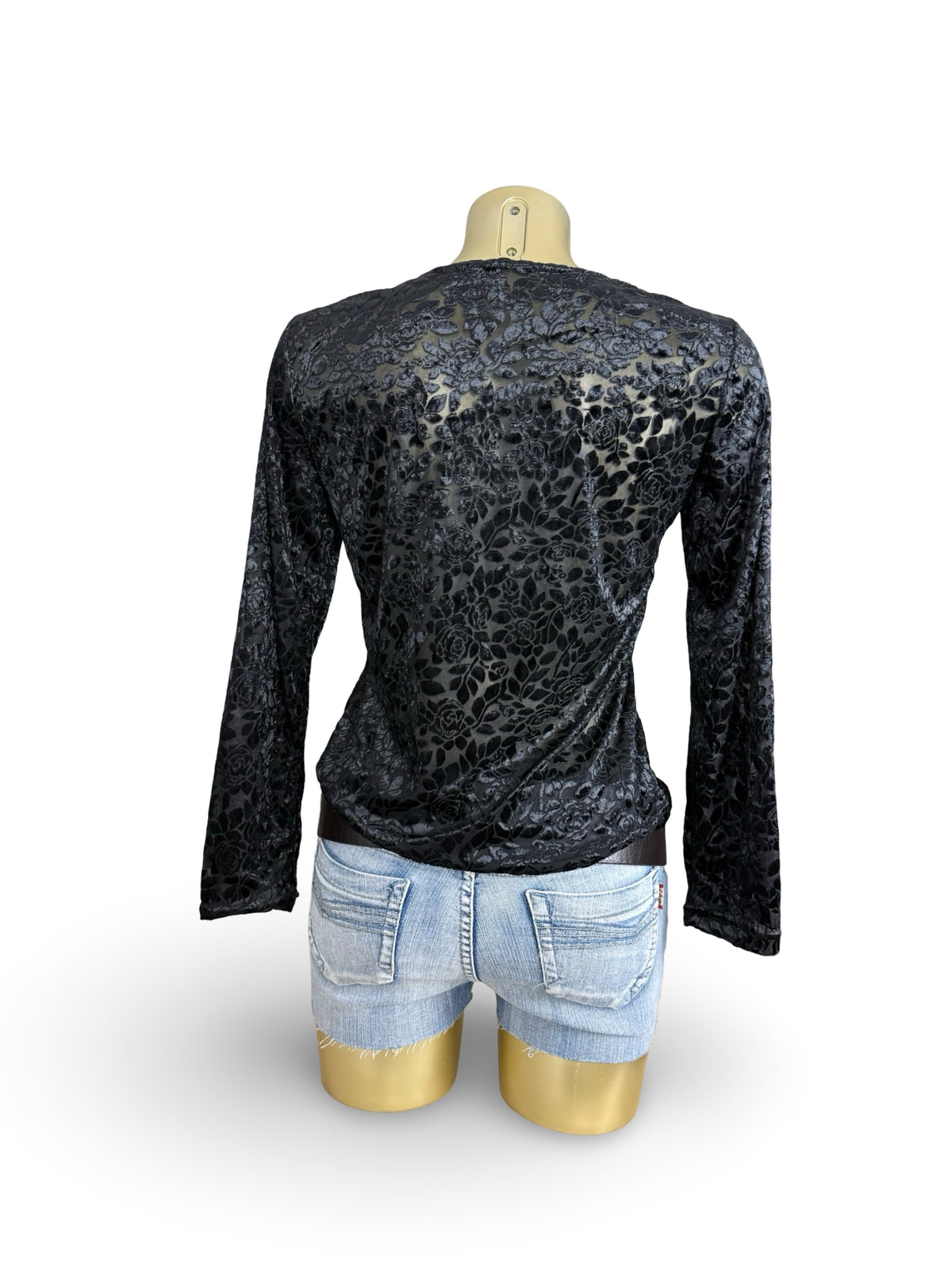 Black velvet mesh floral long sleeves top (L)