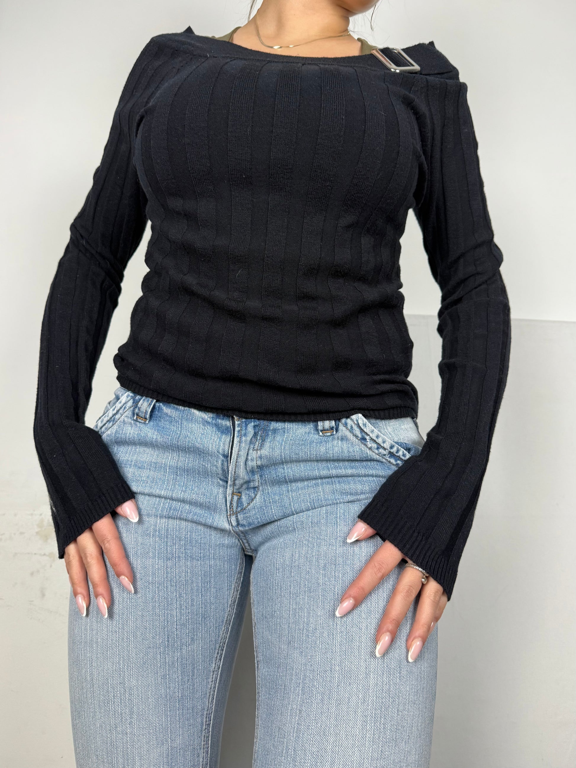 Black off shoulder buckle jumper (S/M)