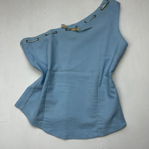 Baby blue bow asymmetric one shoulder  top (L)