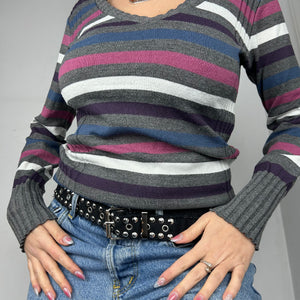 Grey striped V neck jumper (S/M)