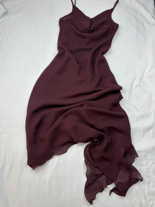 Purple mesh plunge asymmetric maxi dress (XS)