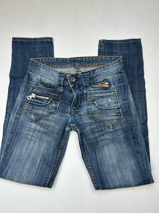 Blue denim low rise straight legs pants (XS)