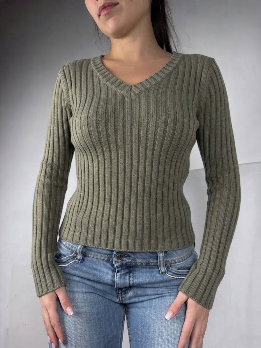 Pull en coton côtelé kaki (S/M)