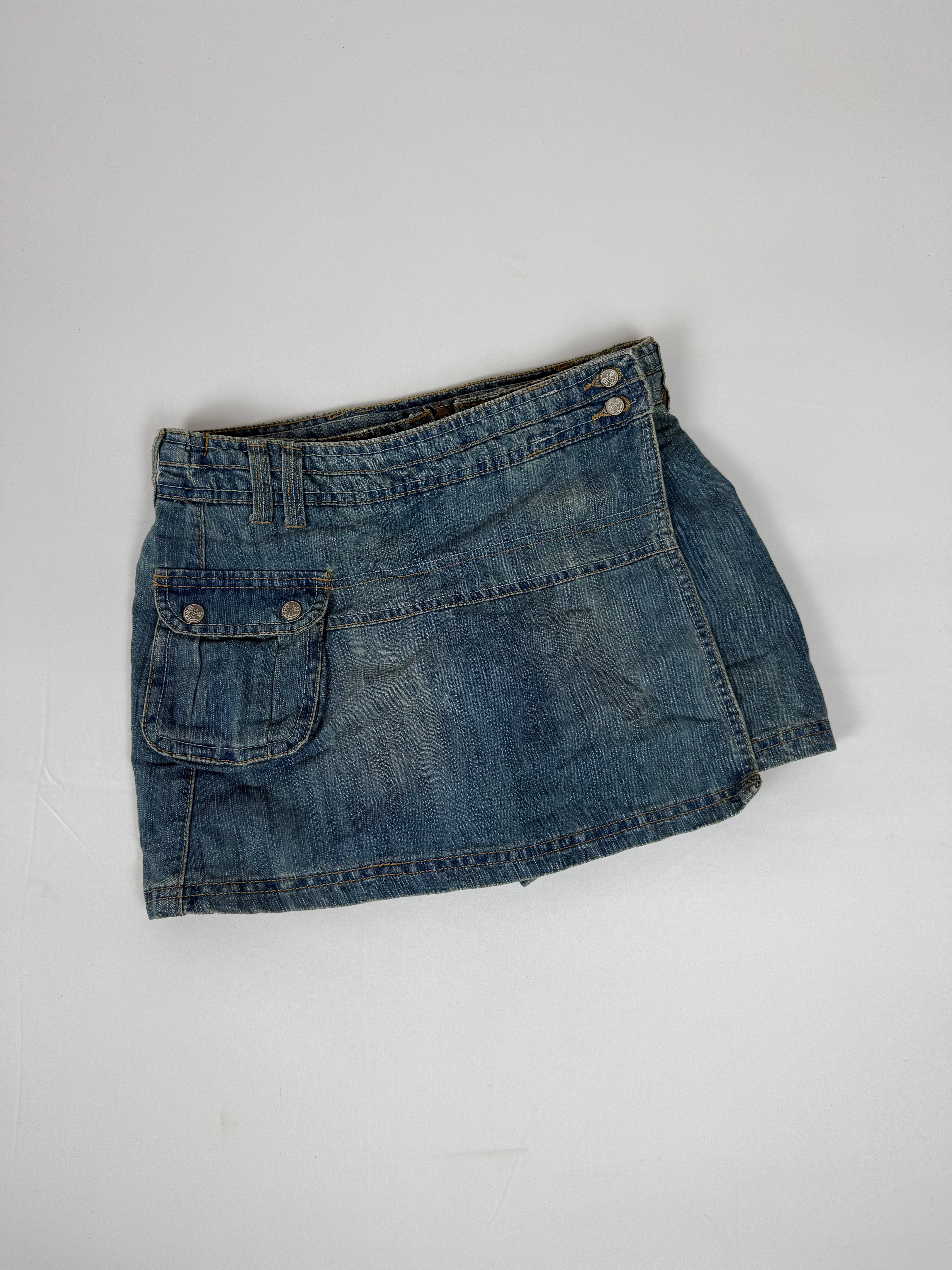 Blue denim pleated low rise mini skirt (XS)