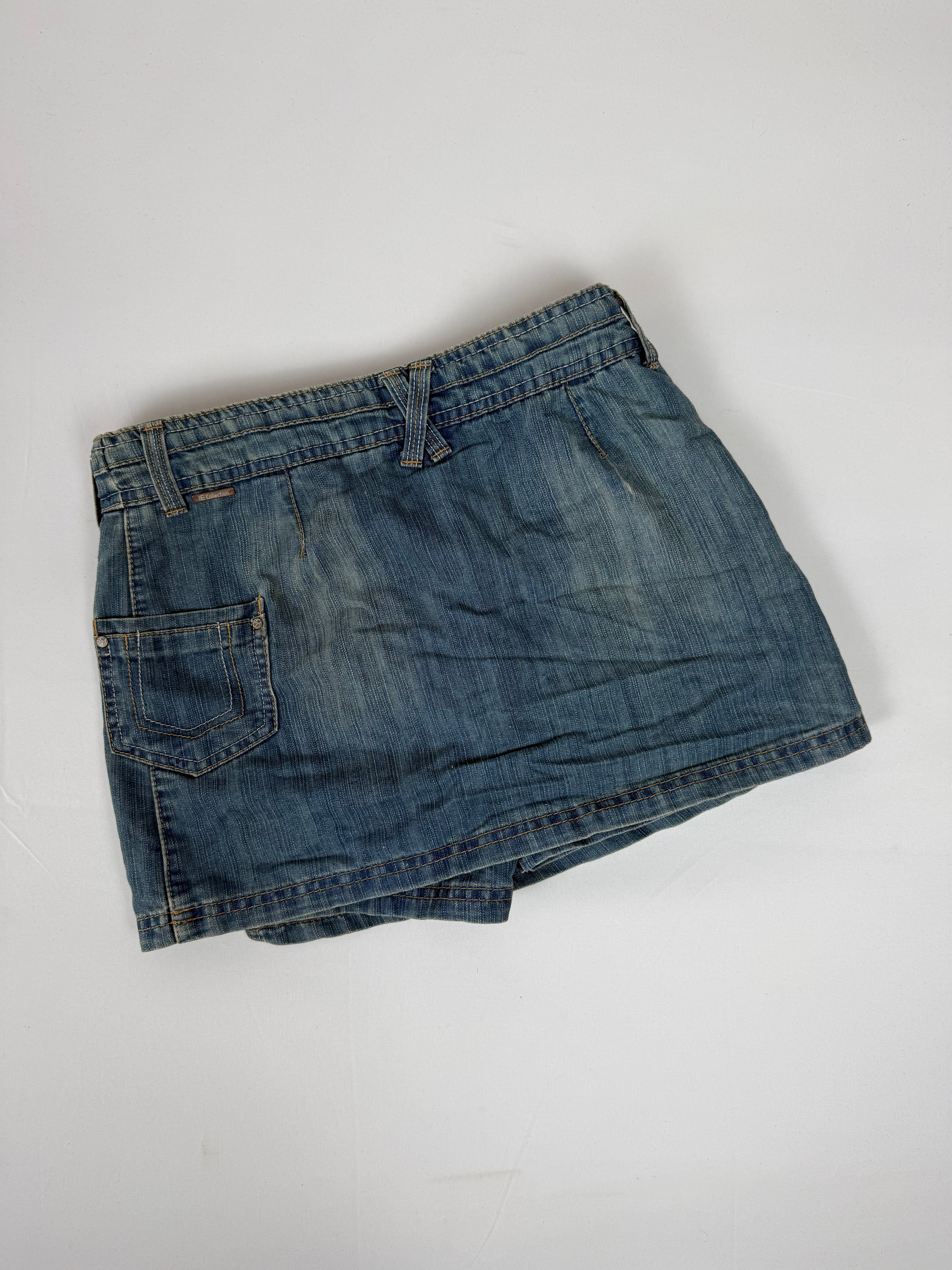 Blue denim pleated low rise mini skirt (XS)