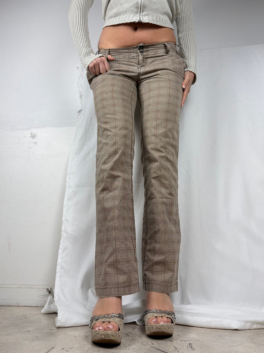 Beige check print low rise straight legs pants (S)