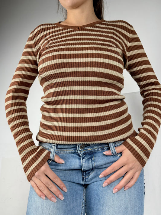 Brown striped ribbed V neck jumper (S/M)